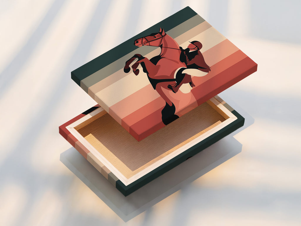 This is a stretched canvas print. It is ready to hang and enjoy. The canvas print offers a textured and vibrant display. The artwork features a horse and rider jumping. A great way to bring art to your space without needing a frame.