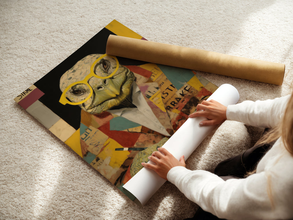 A woman is carefully rolling a fine art poster paper featuring the Turtle Scholar Art Print. This vintage animal art will enhance any space. The poster is perfect for those seeking academic wall art. This quirky wall decor is ideal for study rooms libraries or offices.