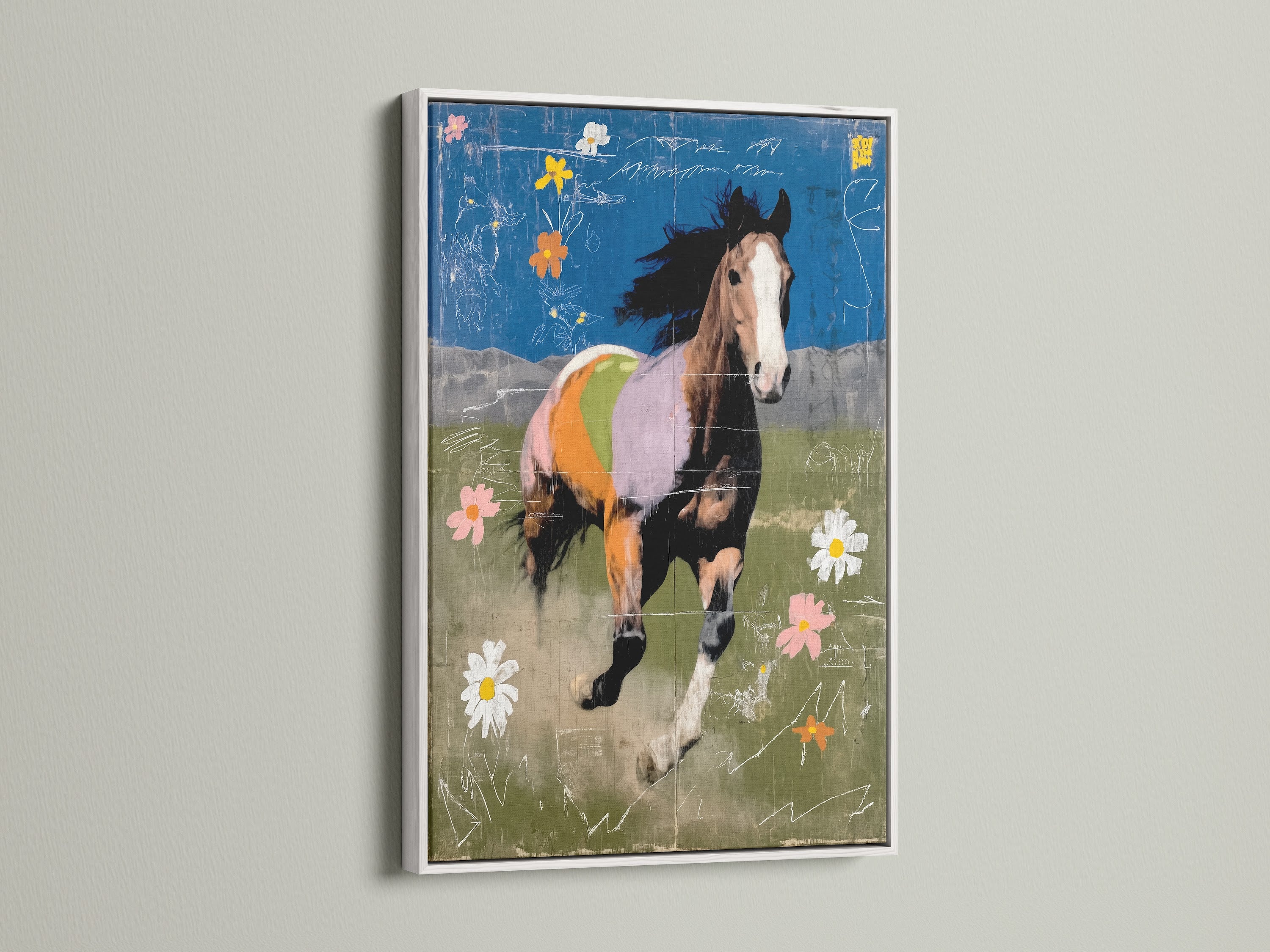 A vibrant abstract horse art print showcased in a white frame. This artwork adds a touch of modern elegance. It's perfect for living rooms bedrooms studies offices and cafes.
