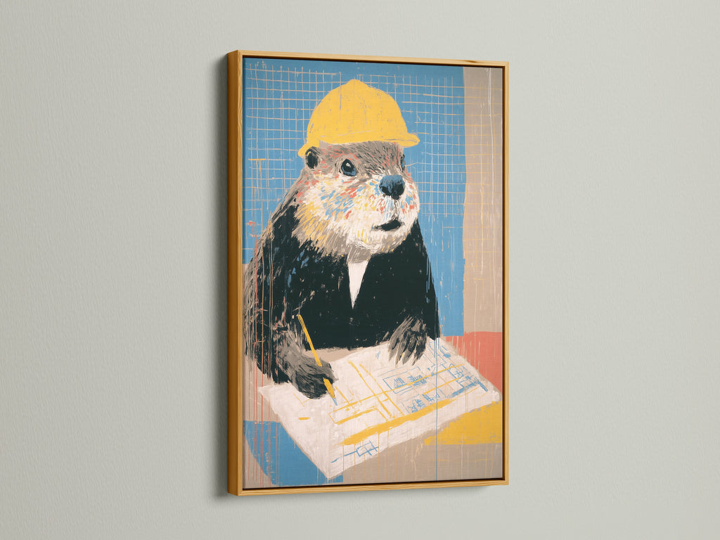 Framed beaver art print in a gold frame. The artwork is a funny animal worker canvas. A unique office wall decor piece and contractor gift. This quirky art complements modern and industrial decor. The primary color is yellow.