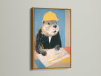 Framed beaver art print in a gold frame. The artwork is a funny animal worker canvas. A unique office wall decor piece and contractor gift. This quirky art complements modern and industrial decor. The primary color is yellow.