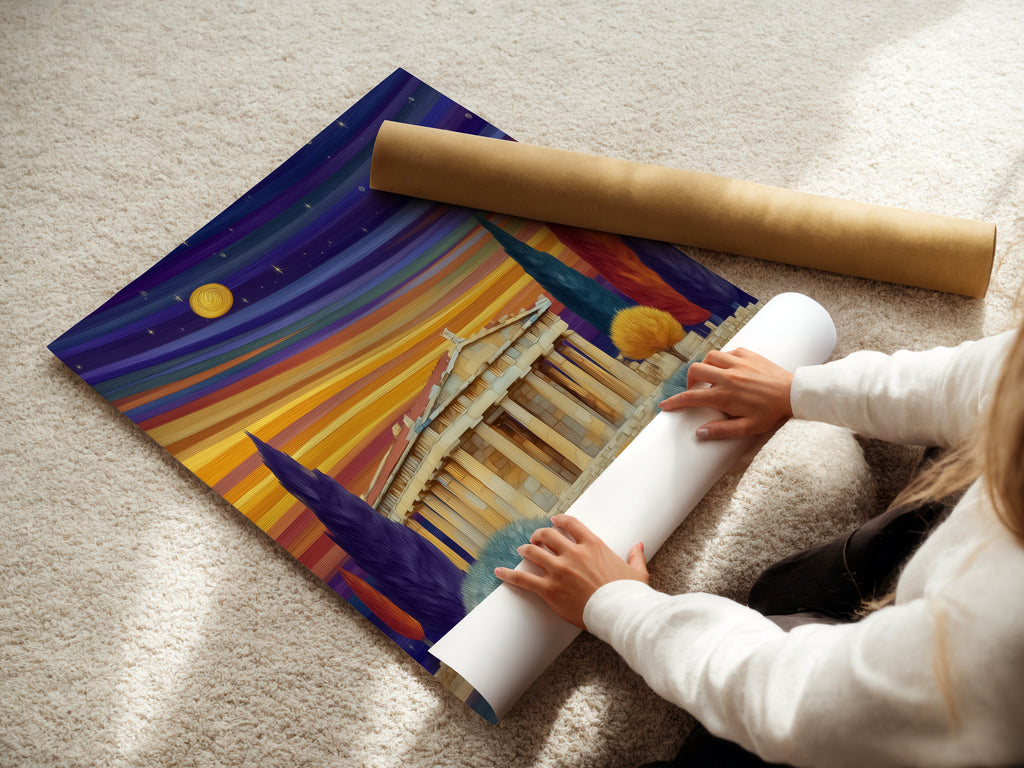 A woman carefully rolls a fine art poster paper featuring a Parthenon artwork. This ancient Greece print is perfect for adding classical art to your home or office. The colorful sunset landscape enhances any interior design style.