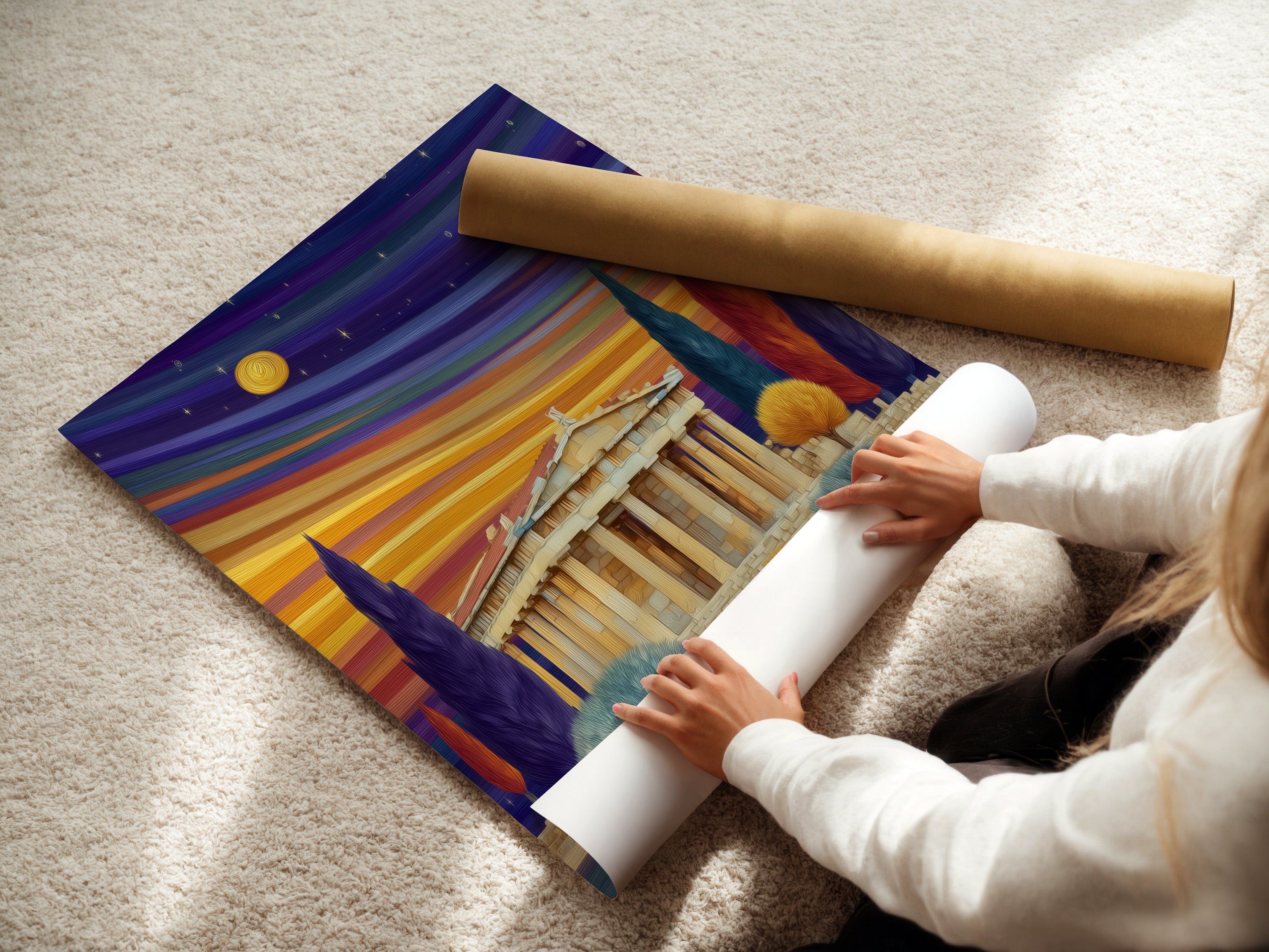 A woman carefully rolls a fine art poster paper featuring a Parthenon artwork. This ancient Greece print is perfect for adding classical art to your home or office. The colorful sunset landscape enhances any interior design style.