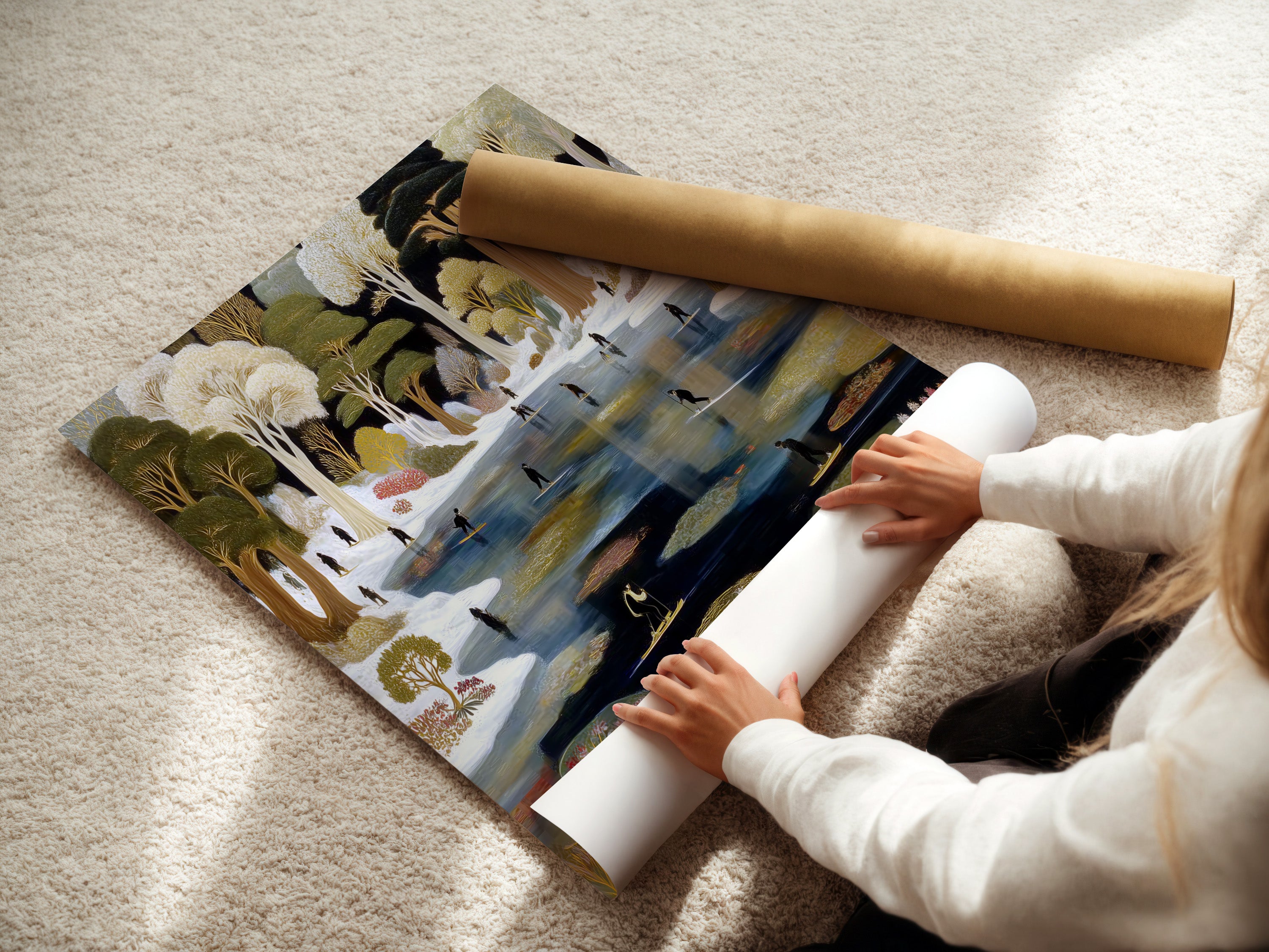 A woman is carefully rolling a fine art poster paper. The paper features the Winter Pond artwork. Choose this option for a flexible decor solution. Ideal for seasonal wall art and winter home decor projects.
