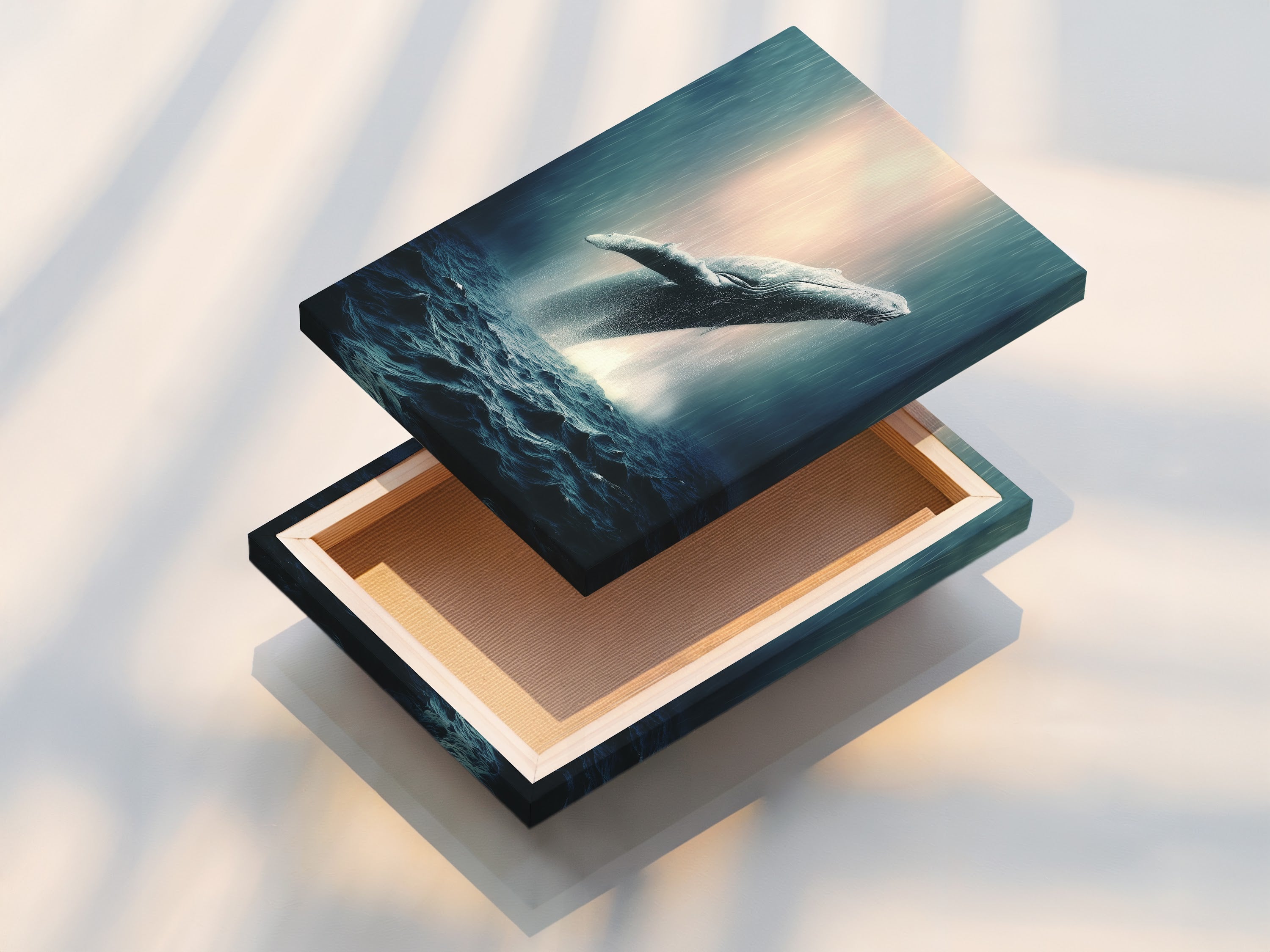 A stretched whale canvas print. It is ocean wildlife wall art. It features a humpback whale. This is marine life artwork. The whale artwork is perfect for coastal wall decor. It is a sea life print. Nautical wall art.