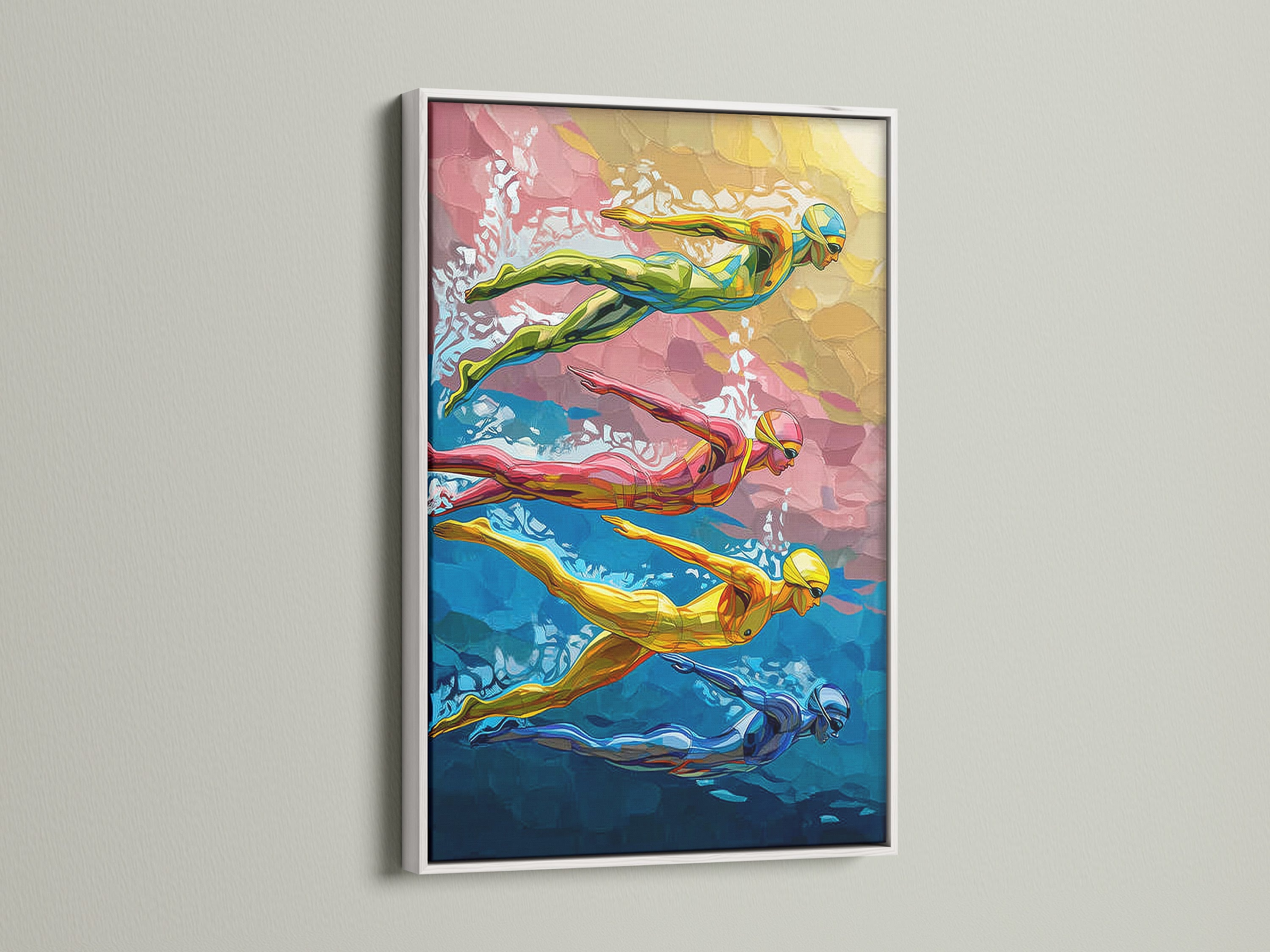 Swimming Pool Art Print displayed in a white frame. This vibrant swimmer canvas art is a perfect addition to your home gym or recreation room. The white frame complements the colorful artwork. Elevate your interior with this contemporary art.