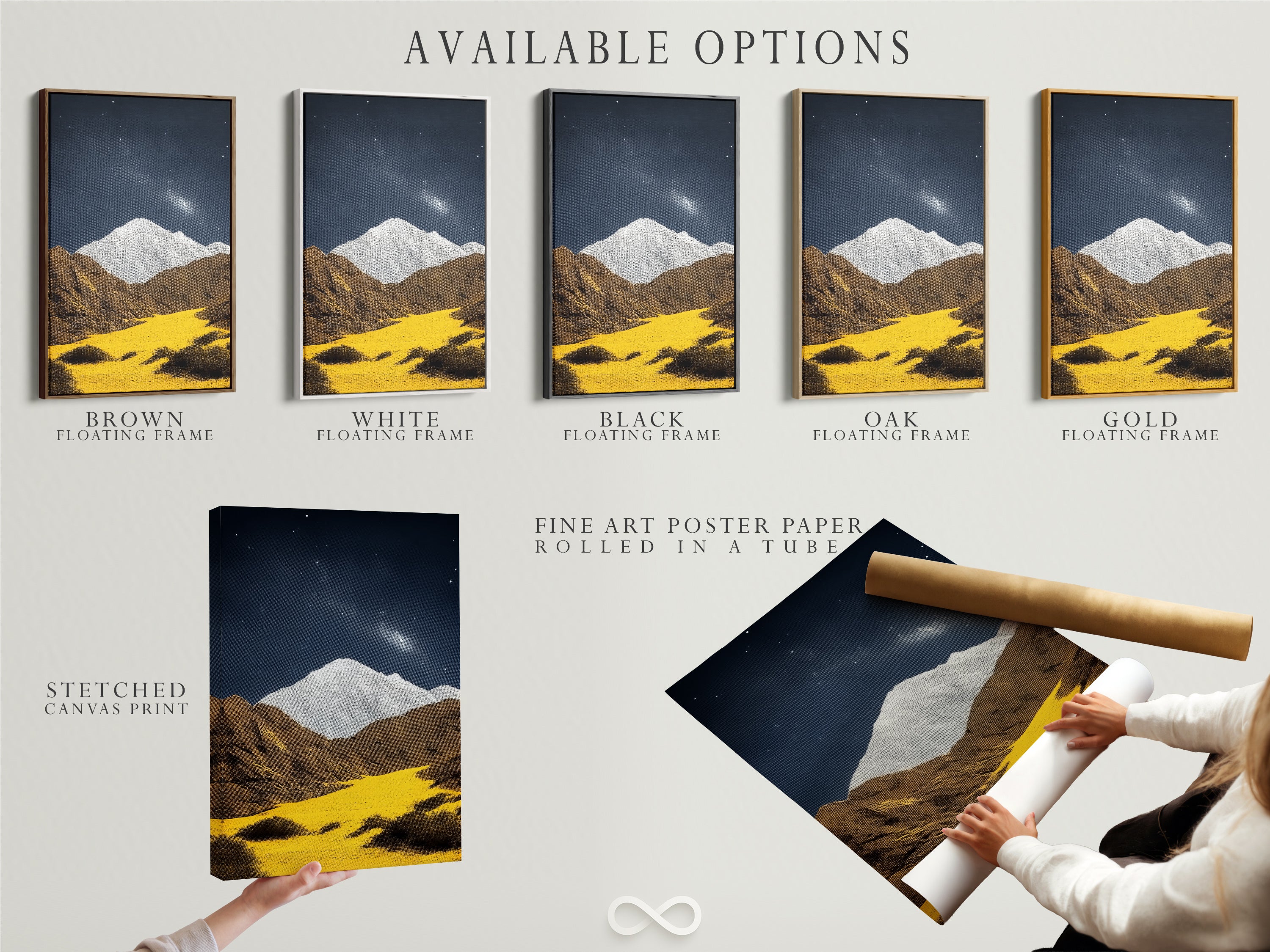 Explore available options for the Mountain Galaxy artwork. Choose from a stretched canvas print or a fine art poster paper. Consider a floating frame for a modern look. Each option highlights the earth tones and celestial details. Find the perfect piece to enhance your space with this stunning art.
