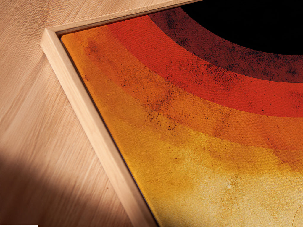 A close-up angled view of a canvas print in a floating frame. The surreal stairway artwork shows warm earth tones. This abstract mountain landscape enhances any space. The floating frame gives a modern gallery feel. Elevate your artwork.