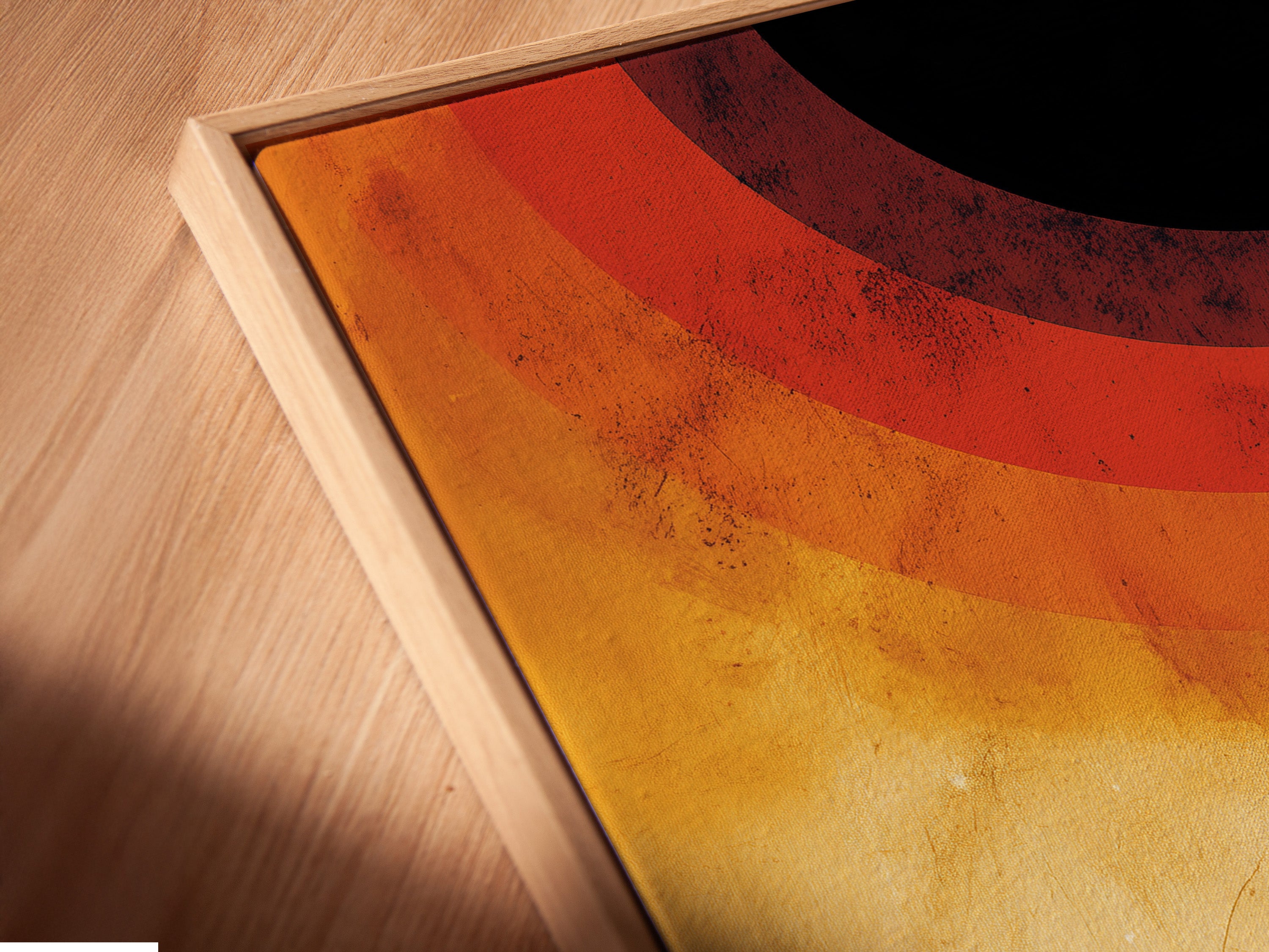 A close-up angled view of a canvas print in a floating frame. The surreal stairway artwork shows warm earth tones. This abstract mountain landscape enhances any space. The floating frame gives a modern gallery feel. Elevate your artwork.
