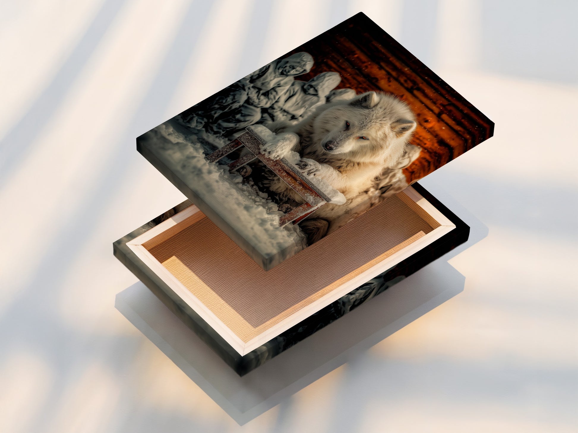 This is a stretched canvas print showcasing a captivating white wolf artwork. The canvas texture enhances the winter scene. It is ready to hang to bring arctic animal art into your home. Ideal for adding rustic wall decor.