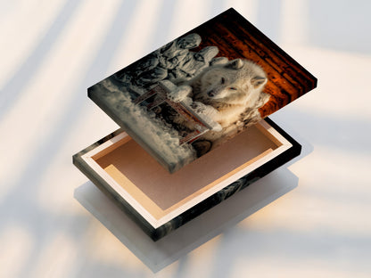This is a stretched canvas print showcasing a captivating white wolf artwork. The canvas texture enhances the winter scene. It is ready to hang to bring arctic animal art into your home. Ideal for adding rustic wall decor.