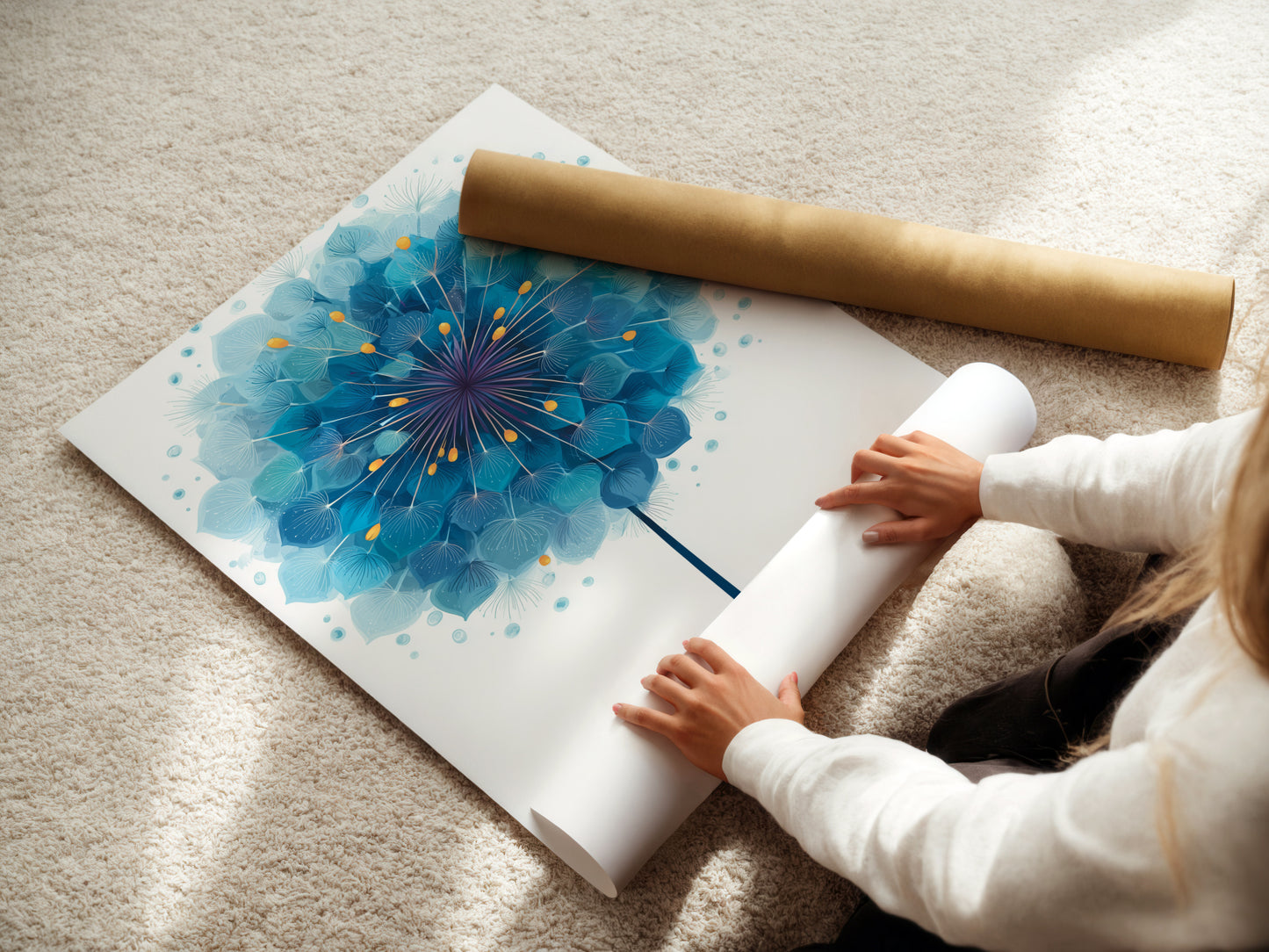 A woman is carefully rolling a fine art poster paper. This ensures your blue dandelion artwork arrives in perfect condition. Our fine art prints are made with premium materials. They are designed to last.