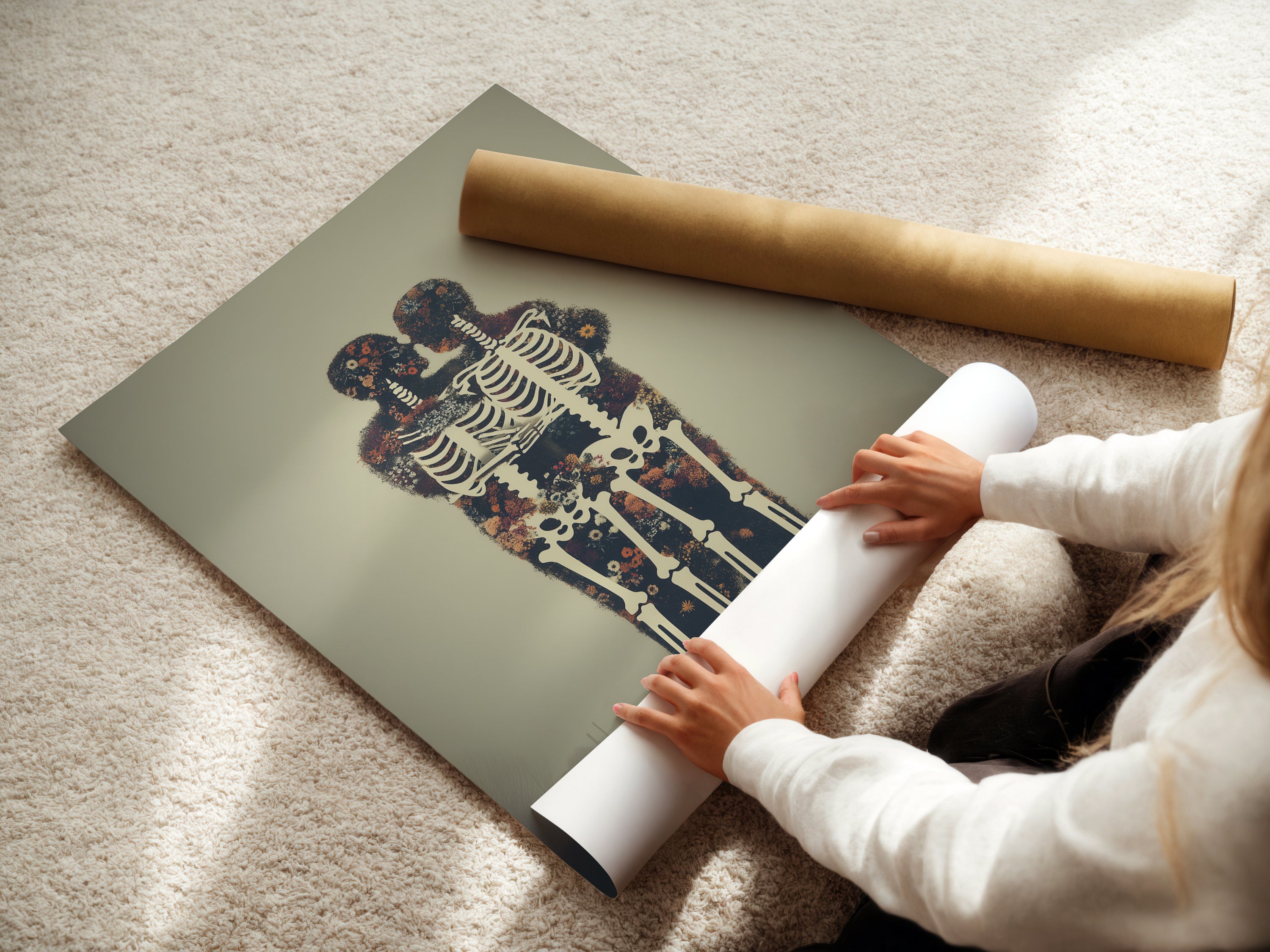 A woman rolls a fine art poster paper with the Floral Skeleton artwork. This gothic wall art is perfect for any space. It is suitable for dark academia decor. Get your own bone print today.