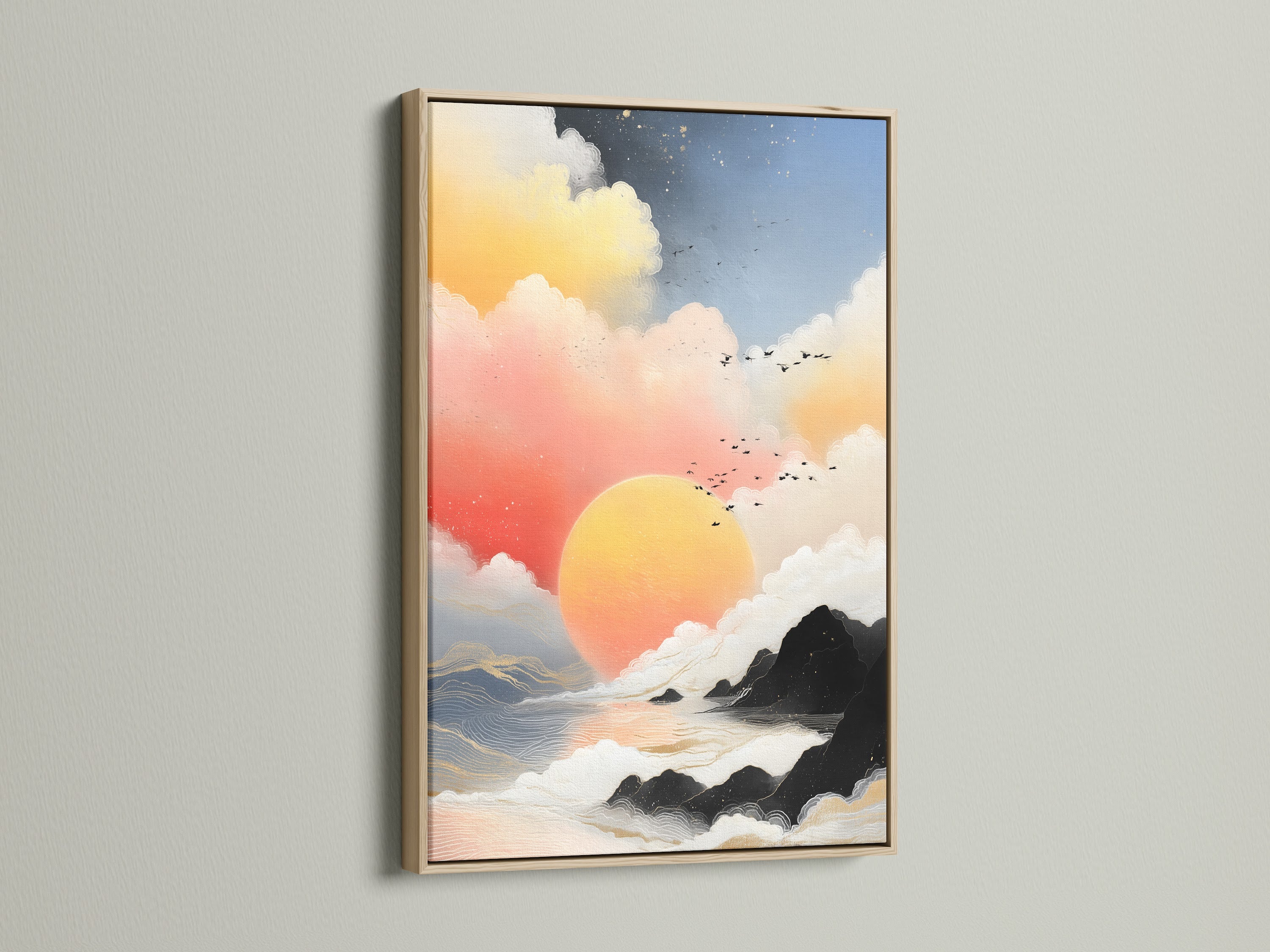 Sunrise Seascape coastal artwork in an oak frame. The abstract cloudscape provides serene art for any space. This sunrise print enhances living rooms bedrooms and offices.