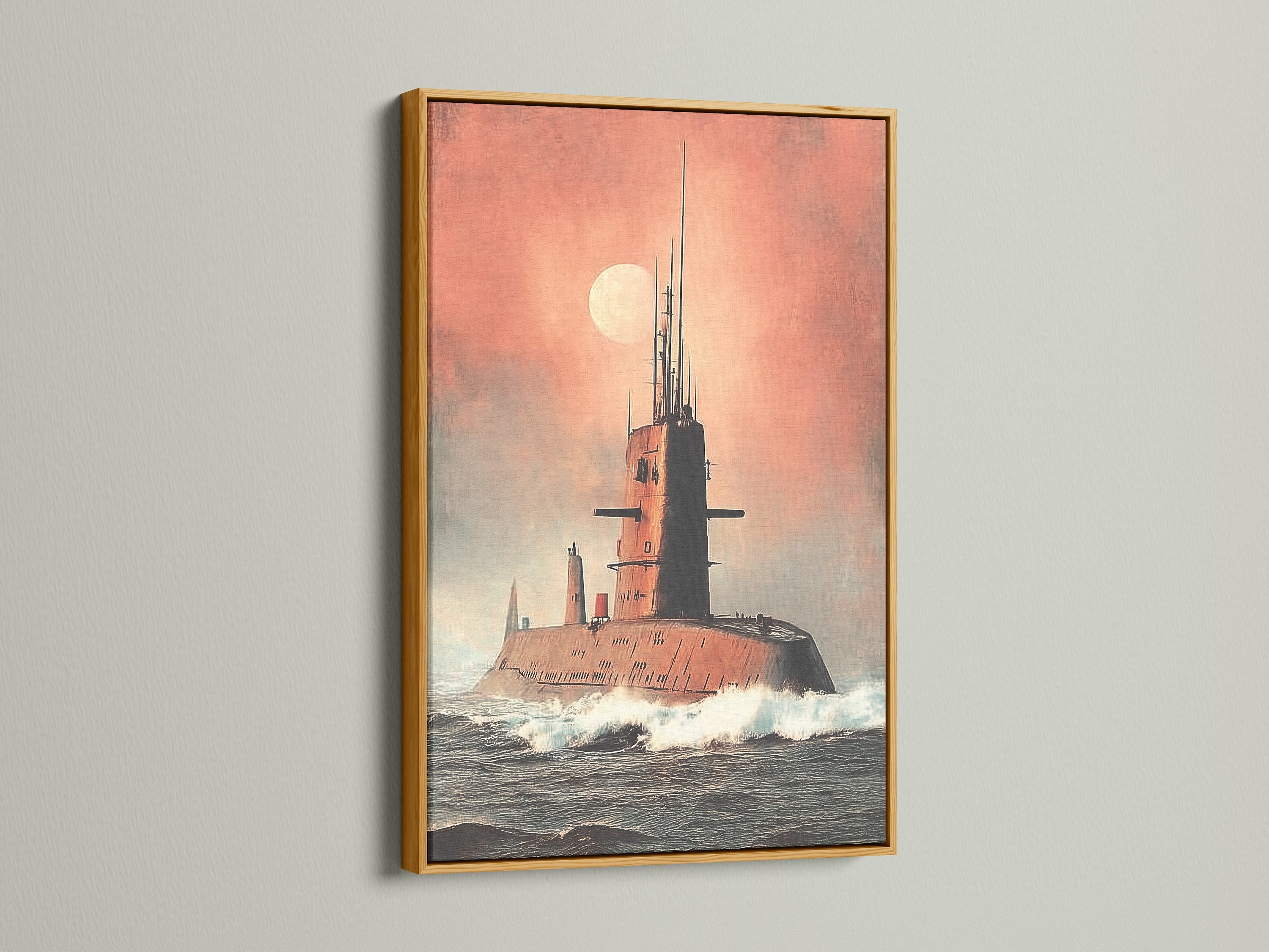 Vintage naval decor with a submarine canvas in a gold frame. This maritime art piece brings a touch of elegance. The gold frame highlights the rich colors of the military artwork. Perfect for adding sophistication to your decor.