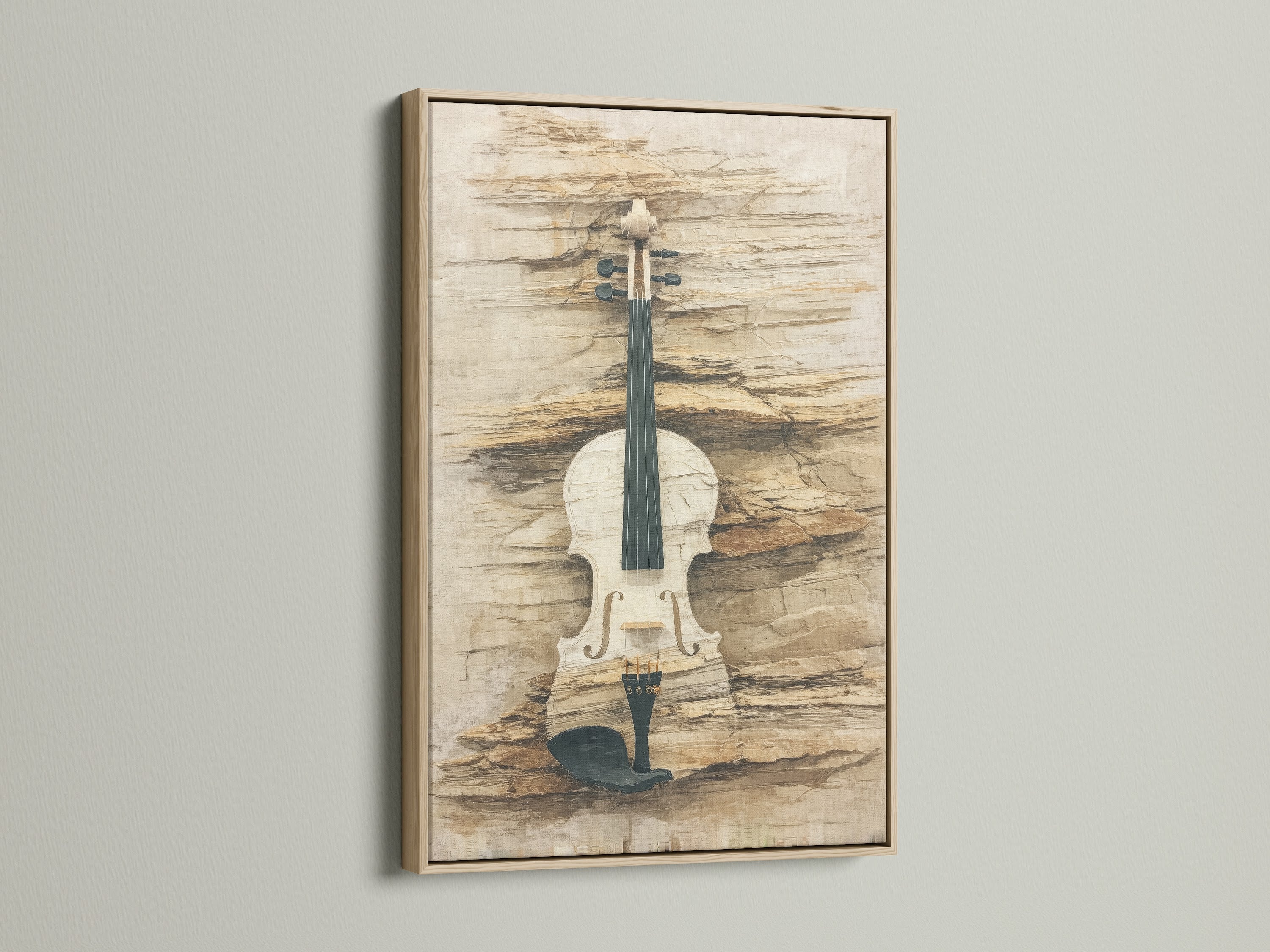 See a vintage violin art print in an oak frame. The neutral tones and rustic artwork create a charming piece. Ideal music wall art for a music room. Discover this refined stringed instrument.