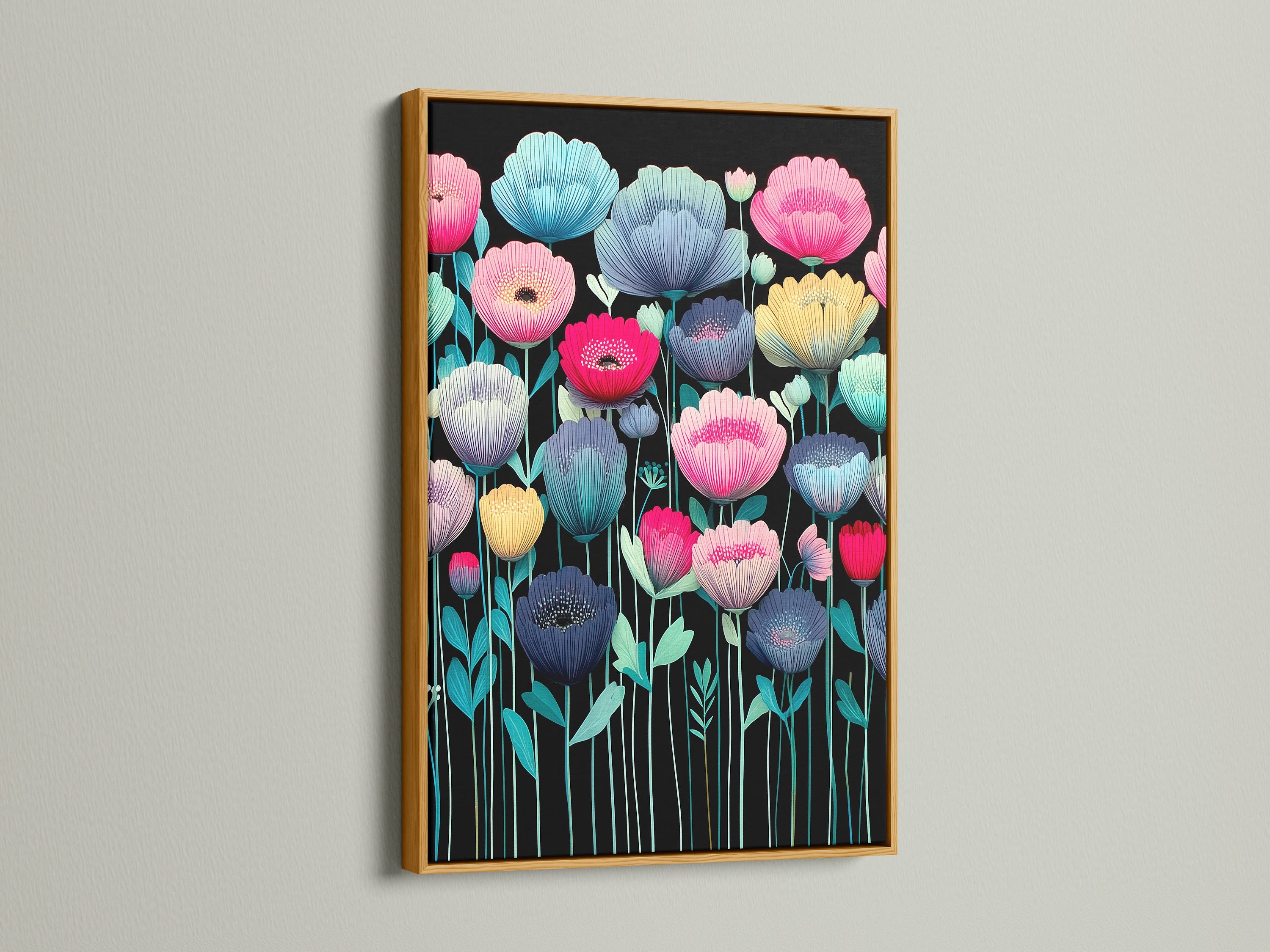 This gold frame accentuates the beauty of the floral art. The colorful flower canvas features modern botanical artwork. Teal pink and yellow hues create a vibrant display. Ideal for adding a touch of elegance to your bedroom decor. This flower print is a striking piece of modern artwork. Add color to your walls with this floral canvas.