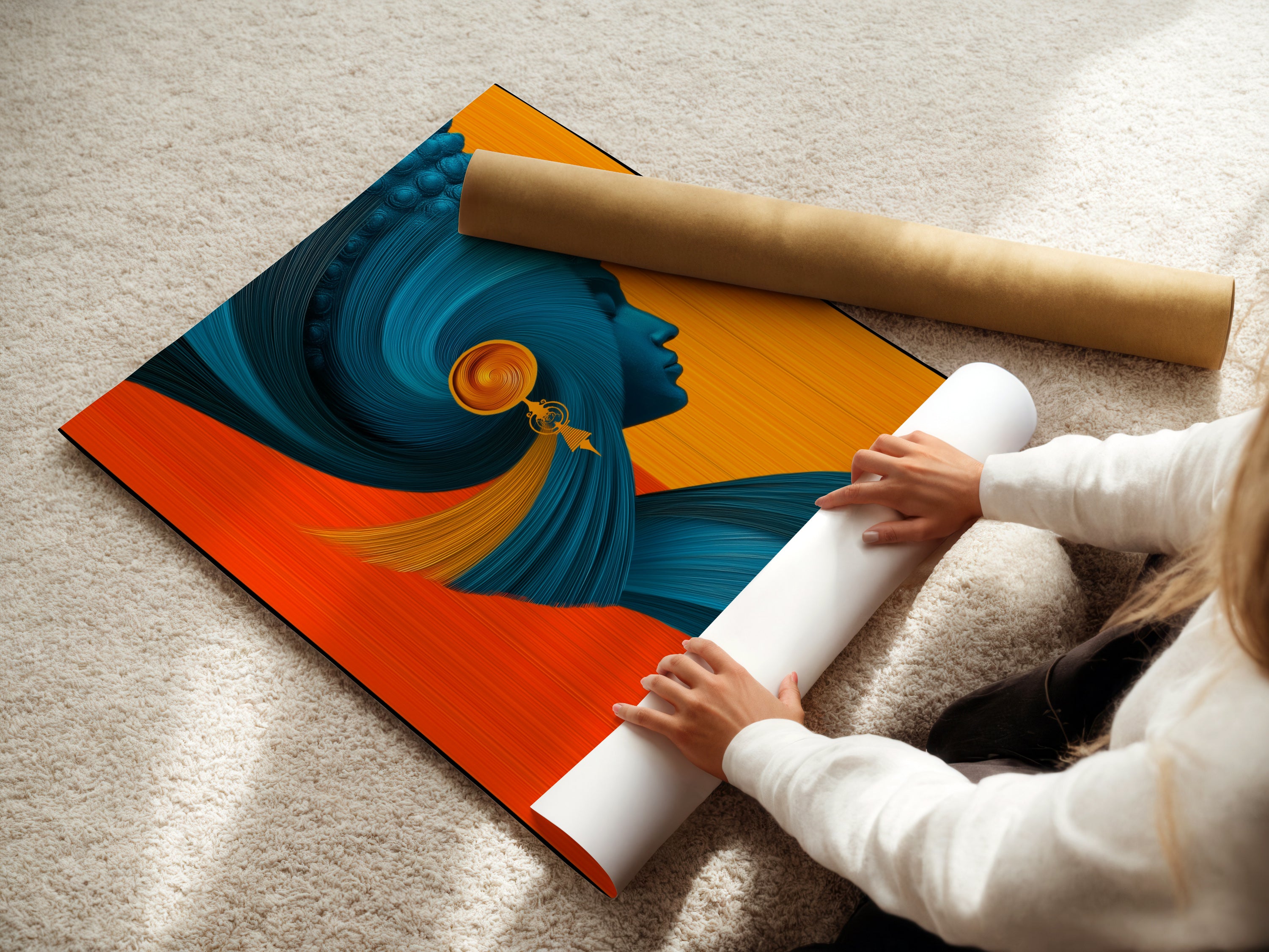 A woman carefully rolls a fine art poster paper. The delicate process ensures the abstract woman artwork remains pristine. Ready for framing or display this teal and orange print. It offers a versatile art option for modern decor enthusiasts.