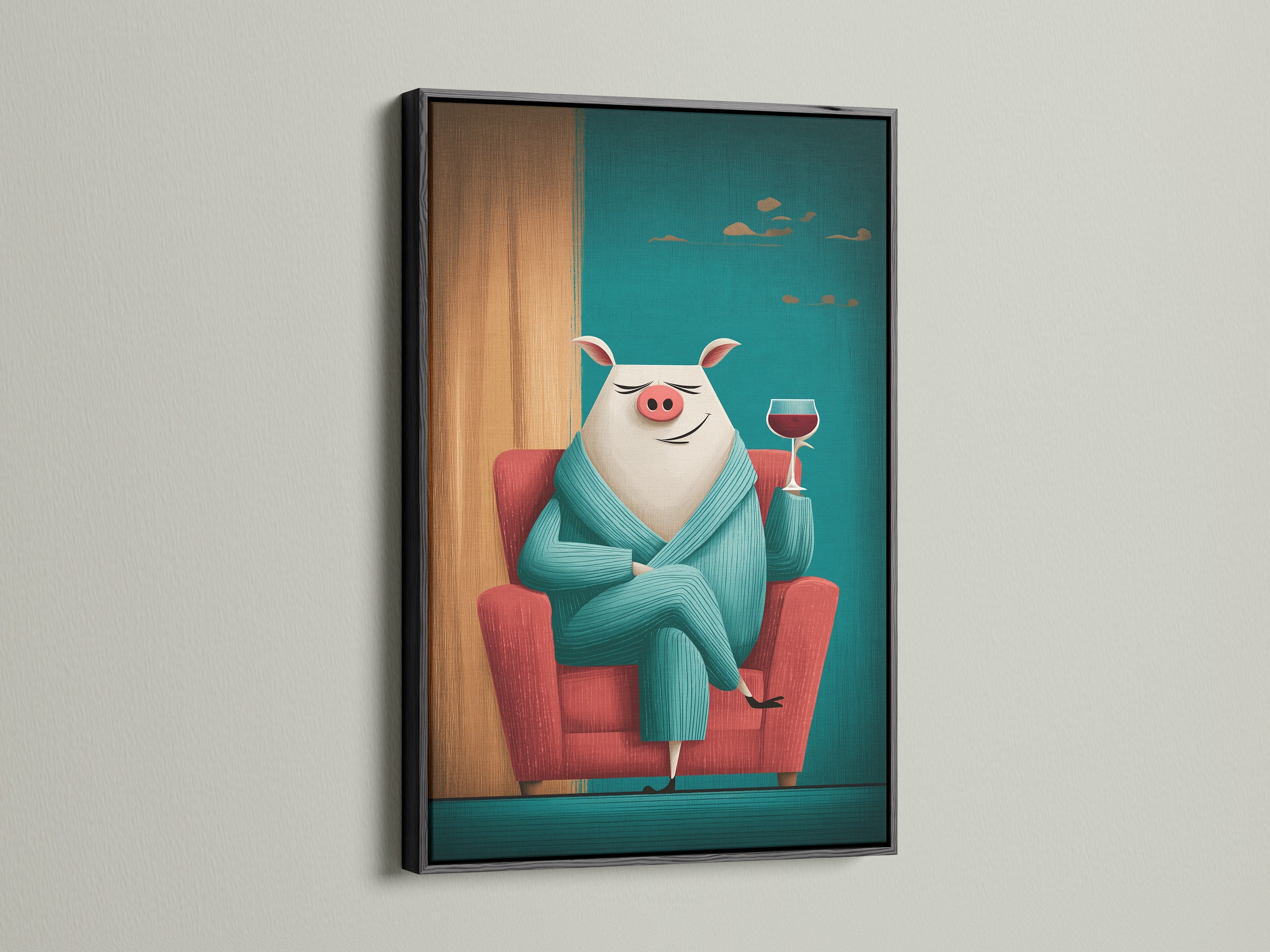 A sleek black frame highlights this pig art print. The funny animal wall art features a relaxing pig enjoying wine. It is a unique piece of kitchen wall decor. The black frame adds sophistication. This whimsical animal artwork is sure to impress. Consider this pig canvas art.