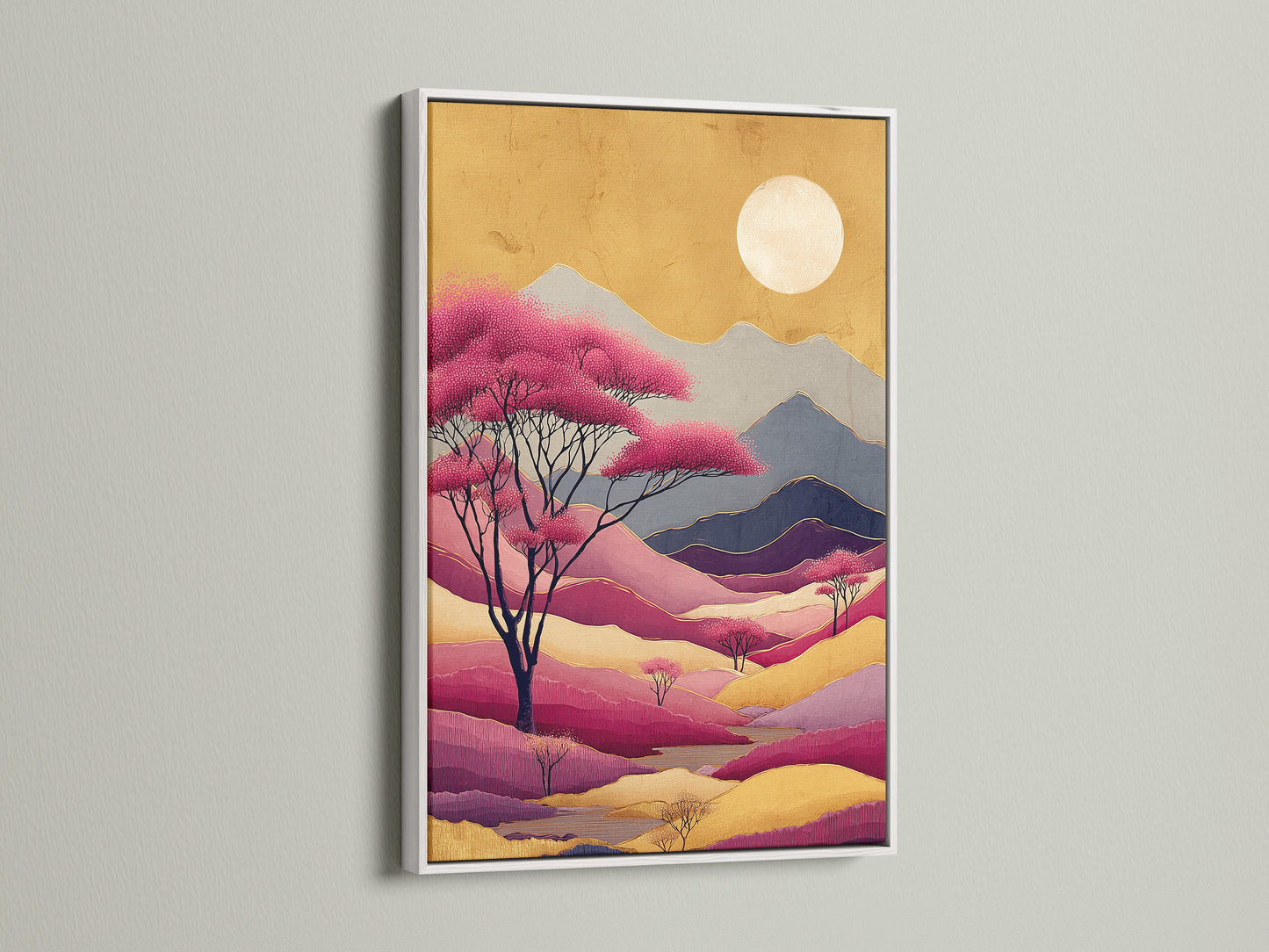 This is a white frame showcasing abstract mountain artwork. The pink purple landscape provides modern wall decor. The nature artwork complements minimalist styles. Great for offices or spas. The geometric mountain adds a contemporary touch.