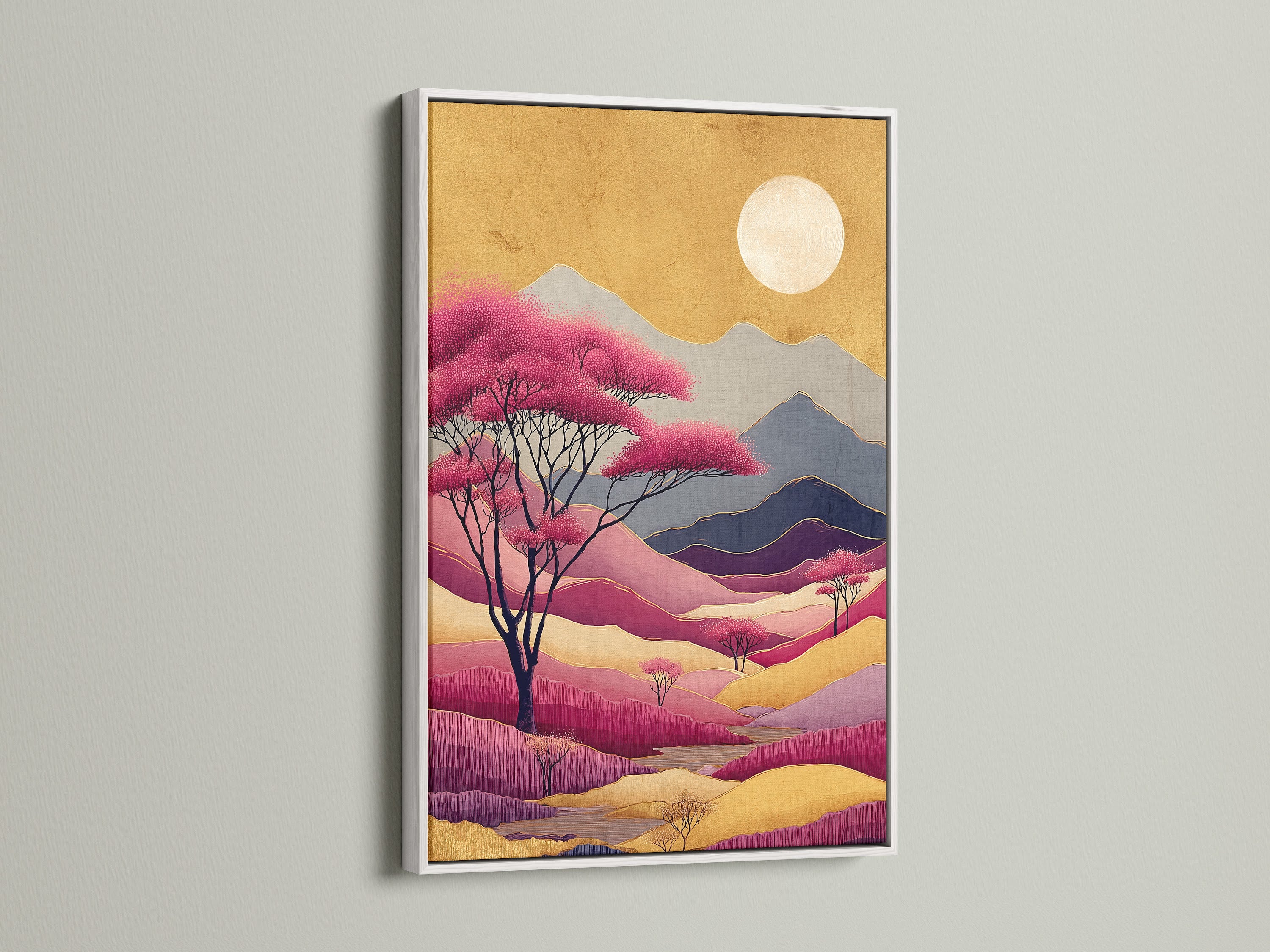This is a white frame showcasing abstract mountain artwork. The pink purple landscape provides modern wall decor. The nature artwork complements minimalist styles. Great for offices or spas. The geometric mountain adds a contemporary touch.