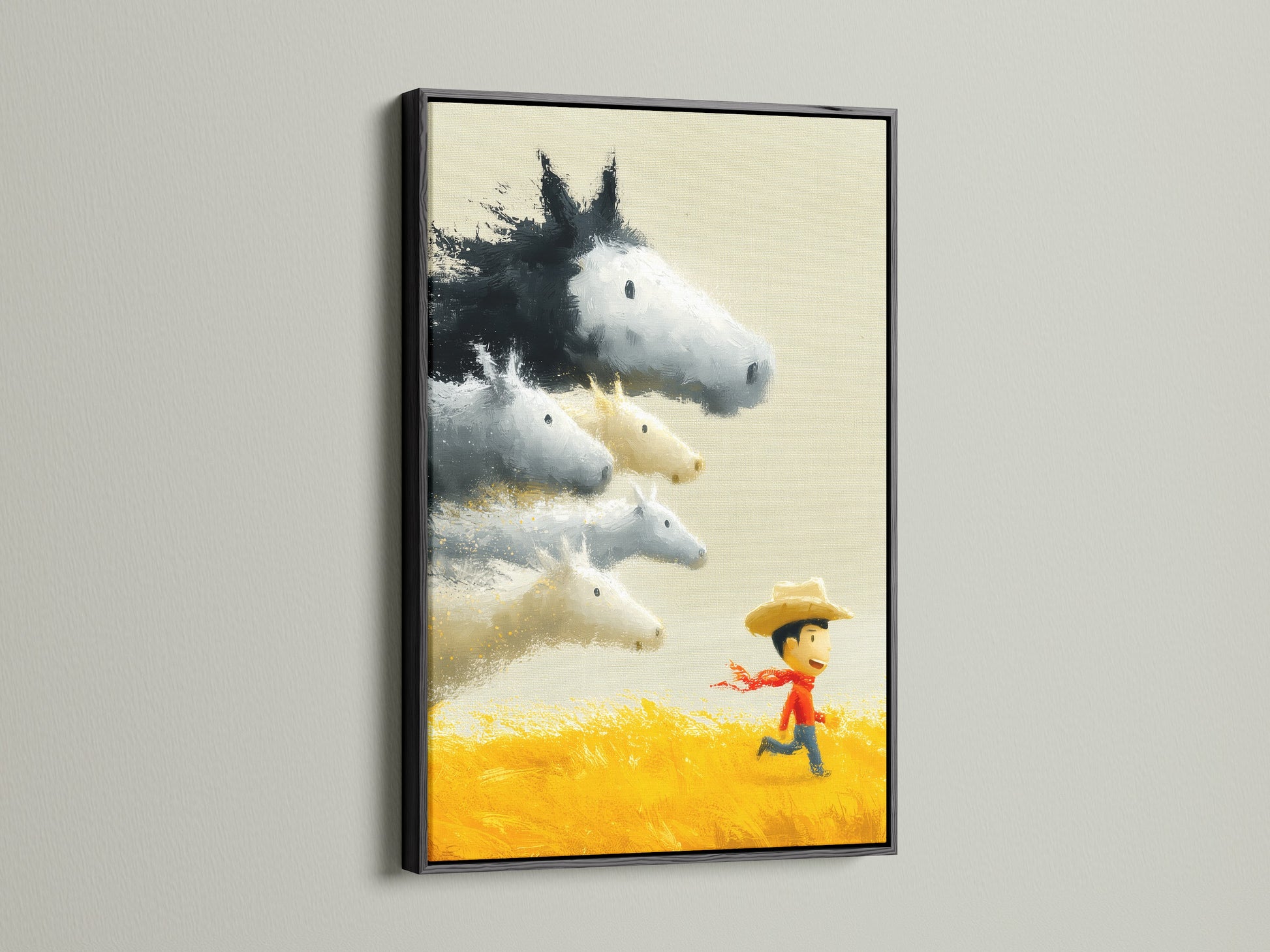 A boy runs in a yellow field with horses in this artwork. The artwork is framed in a black frame. This piece offers a unique farmhouse charm. It is perfect for nursery decor.