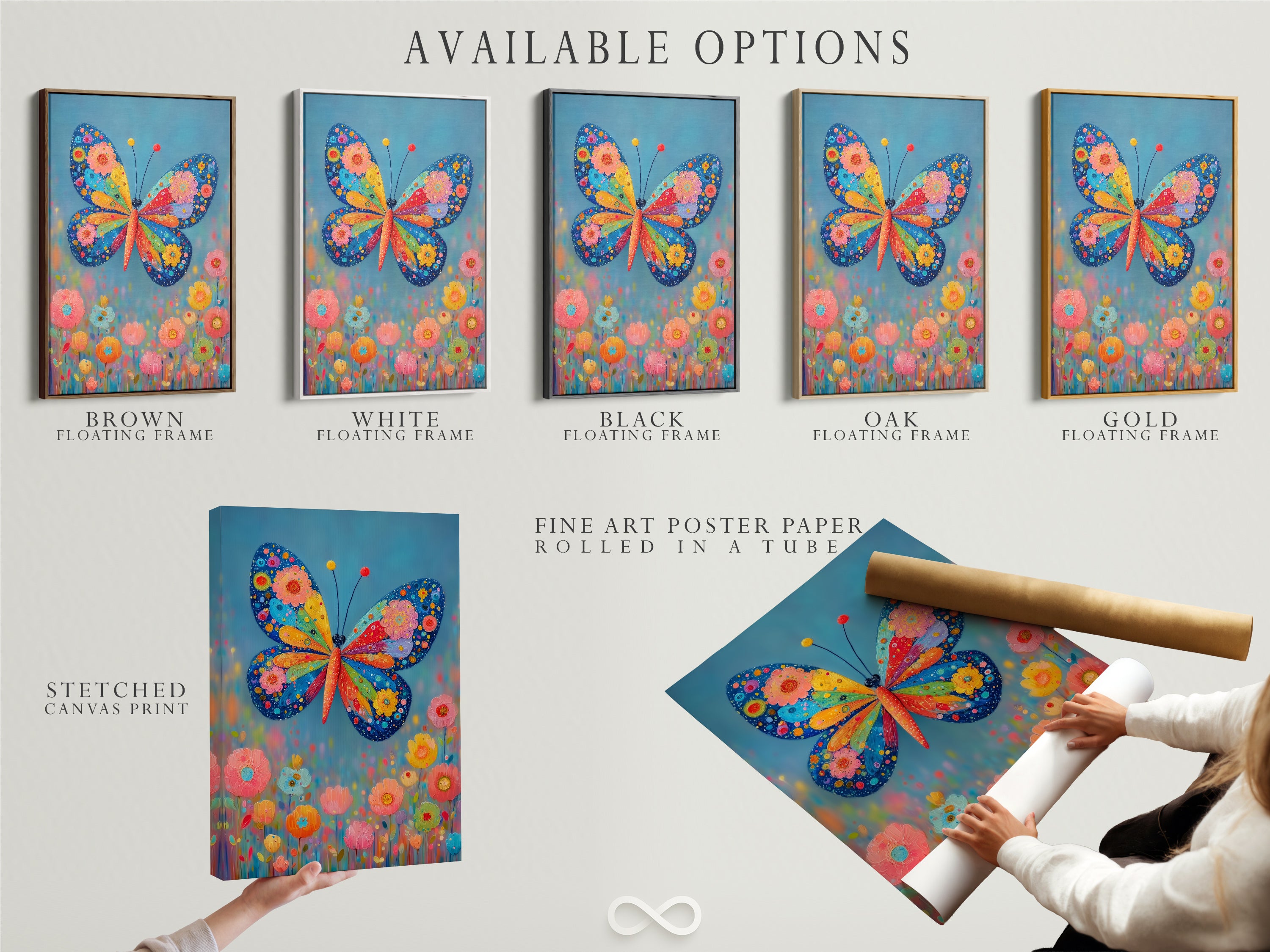 This image shows available options for the butterfly artwork. Choose from a stretched canvas print fine art poster paper or a floating frame. Each option offers a unique way to display this colorful piece. Perfect for adding a touch of bohemian style.