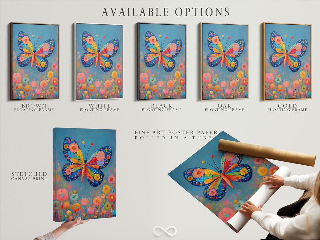 Available options for the Butterfly artwork are displayed. Choose from a stretched canvas print. Consider fine art poster paper or a floating frame. Find the perfect style for this colorful floral art.