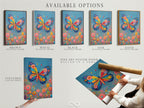 Available options for the Butterfly artwork are displayed. Choose from a stretched canvas print. Consider fine art poster paper or a floating frame. Find the perfect style for this colorful floral art.