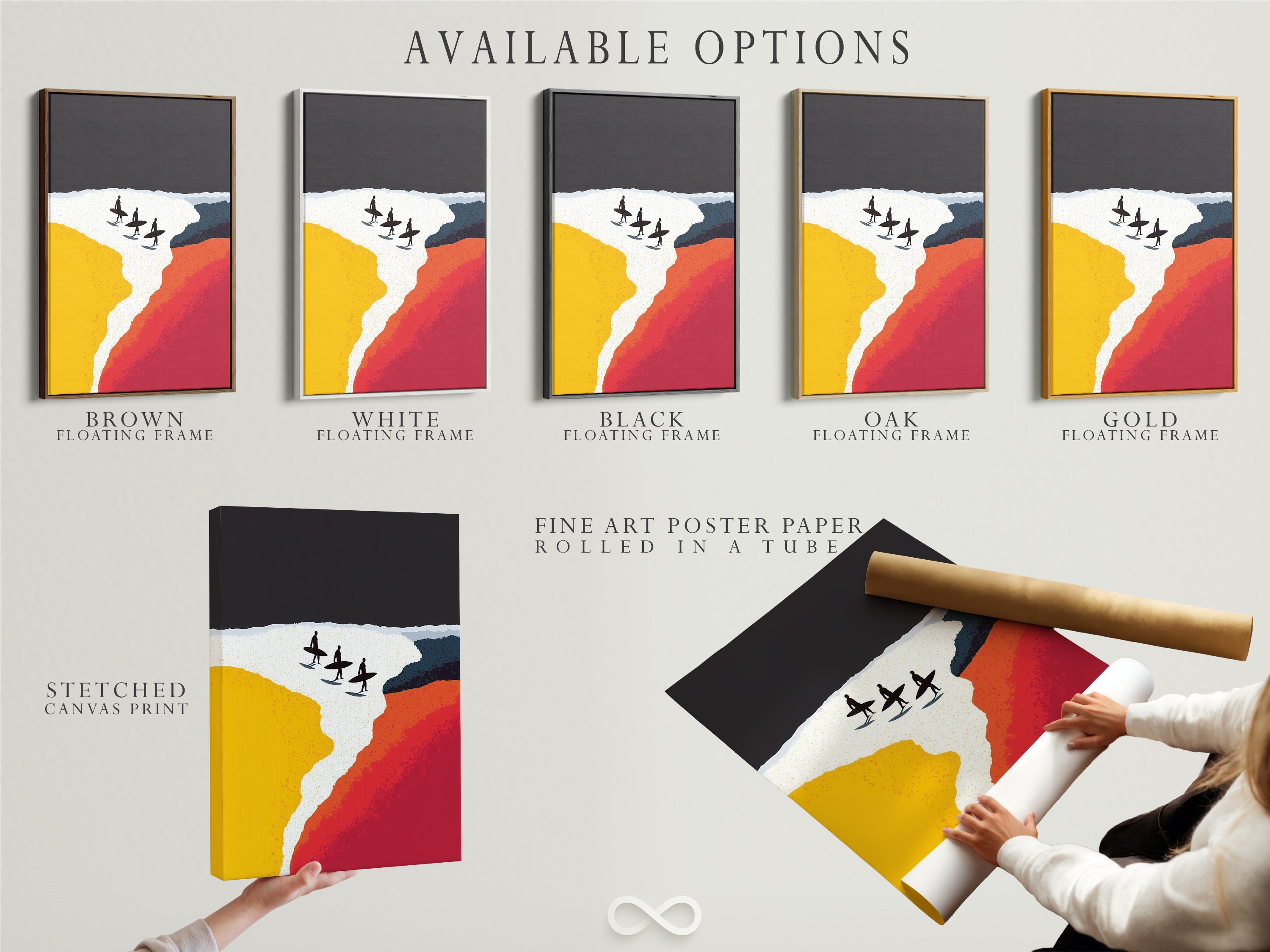 Available options are displayed side by side. These options include stretched canvas prints fine art poster paper and floating frames. Choose the perfect presentation for your surf art. Customize your beach artwork to fit your unique style. Explore our variety of options today.