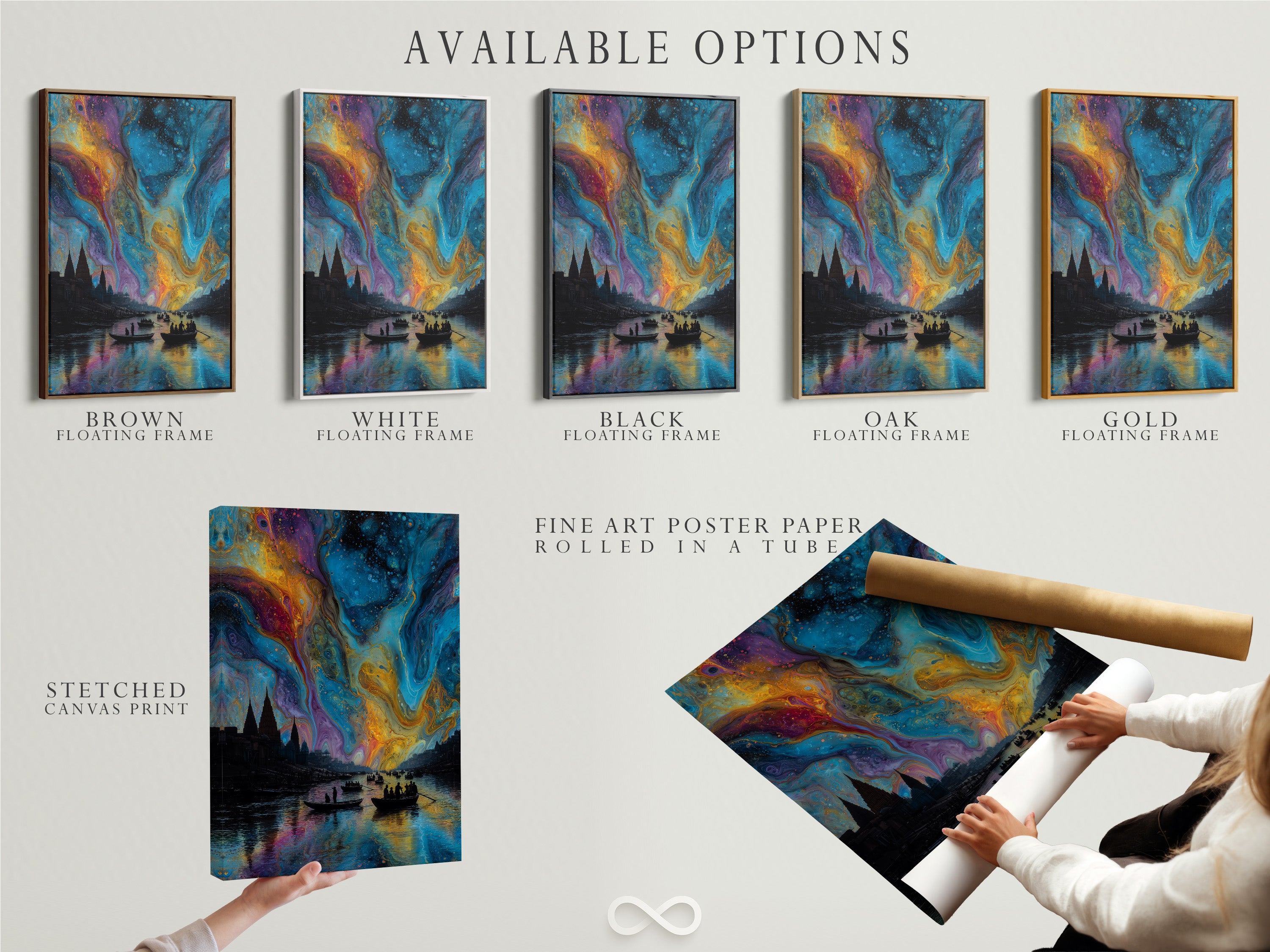 Available options for Aurora Borealis artwork. Choose between stretched canvas print fine art poster paper and floating frame. Customize your cosmic sky wall art. Elevate your space with unique options.
