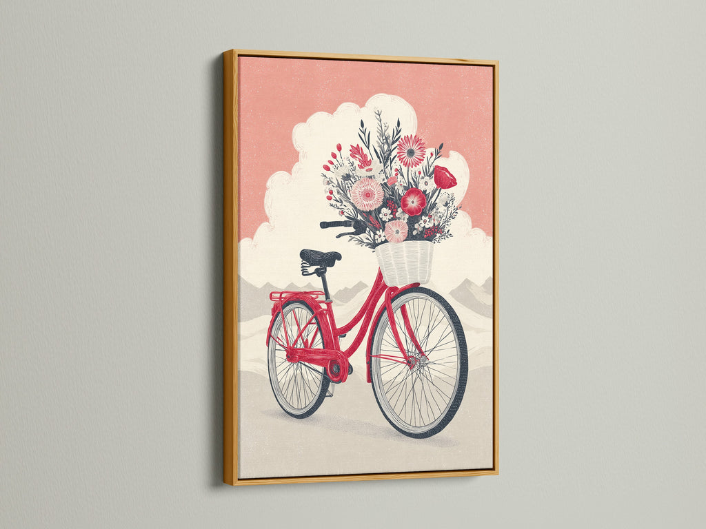 Vintage bicycle art print showcased in a gold frame. The coral pink floral bike artwork makes a statement. The botanical wall art brings nature indoors. Add a whimsical touch with this vintage bike poster. Perfect for eclectic or bohemian decor styles.