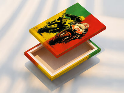 A stretched canvas print of motorcycle racing artwork is displayed. The vibrant yellow and red colors bring the scene to life. This automotive print is perfect for adding a modern touch to any space. The sport bike art is ideal for garage decor or as a biker gift. Elevate your walls with this dynamic piece.