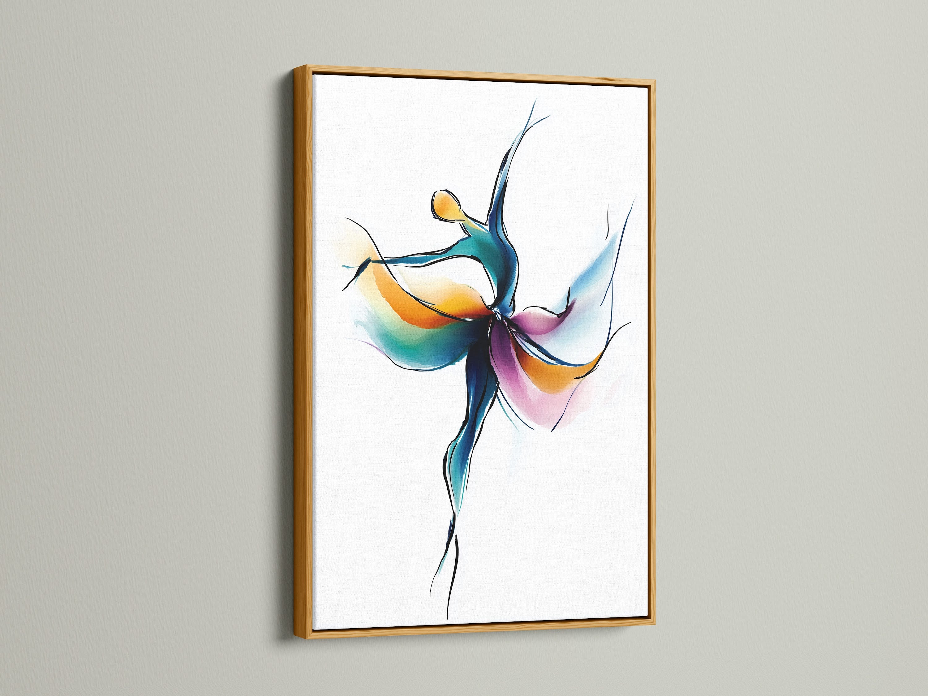 The Abstract Dancer canvas print is set in a gold frame. It adds a touch of sophistication to this modern artwork. This piece is perfect for collectors and dance enthusiasts alike. Teal orange art is featured.