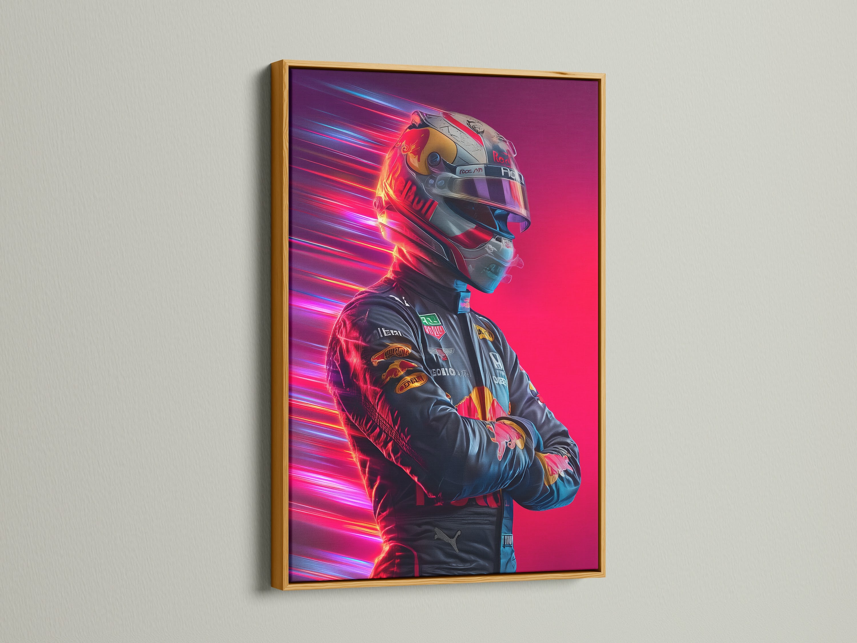 Formula Racing Canvas Print with a Gold Frame. This unique artwork showcases a neon driver portrait. Ideal for modern sports wall decor. Adds a luxurious and vibrant touch to any space. Perfect for man caves or sports bars.