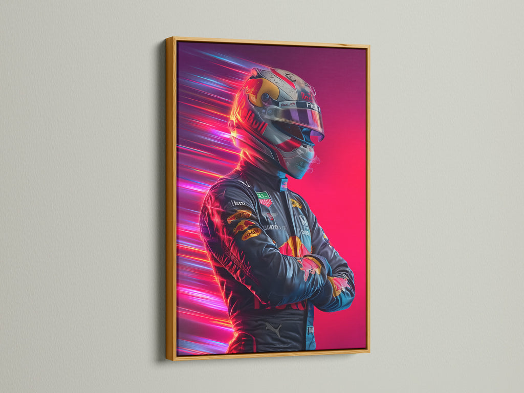 Formula Racing artwork with a gold frame. This eye-catching piece is great for automotive wall art. Add a touch of luxury to your man cave decor with this neon speed print. Ideal for car racing decor.