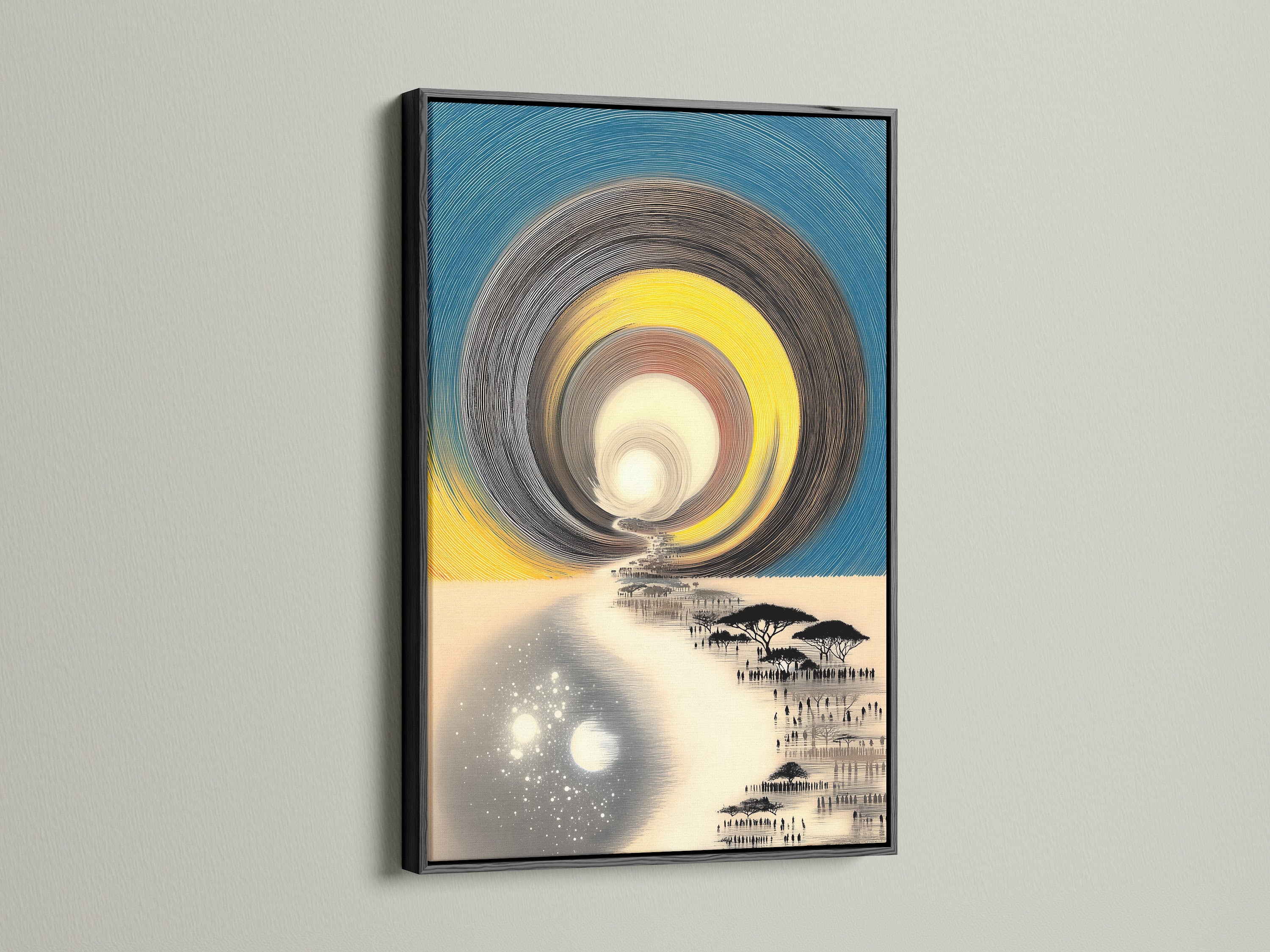 See a canvas artwork displayed in a sleek black frame. Black frames provide a bold contrast. Black gives artwork a sophisticated edge. A black frame is perfect for modern art enthusiasts. See artwork transformed by a black frame's elegance. Makes colors pop.