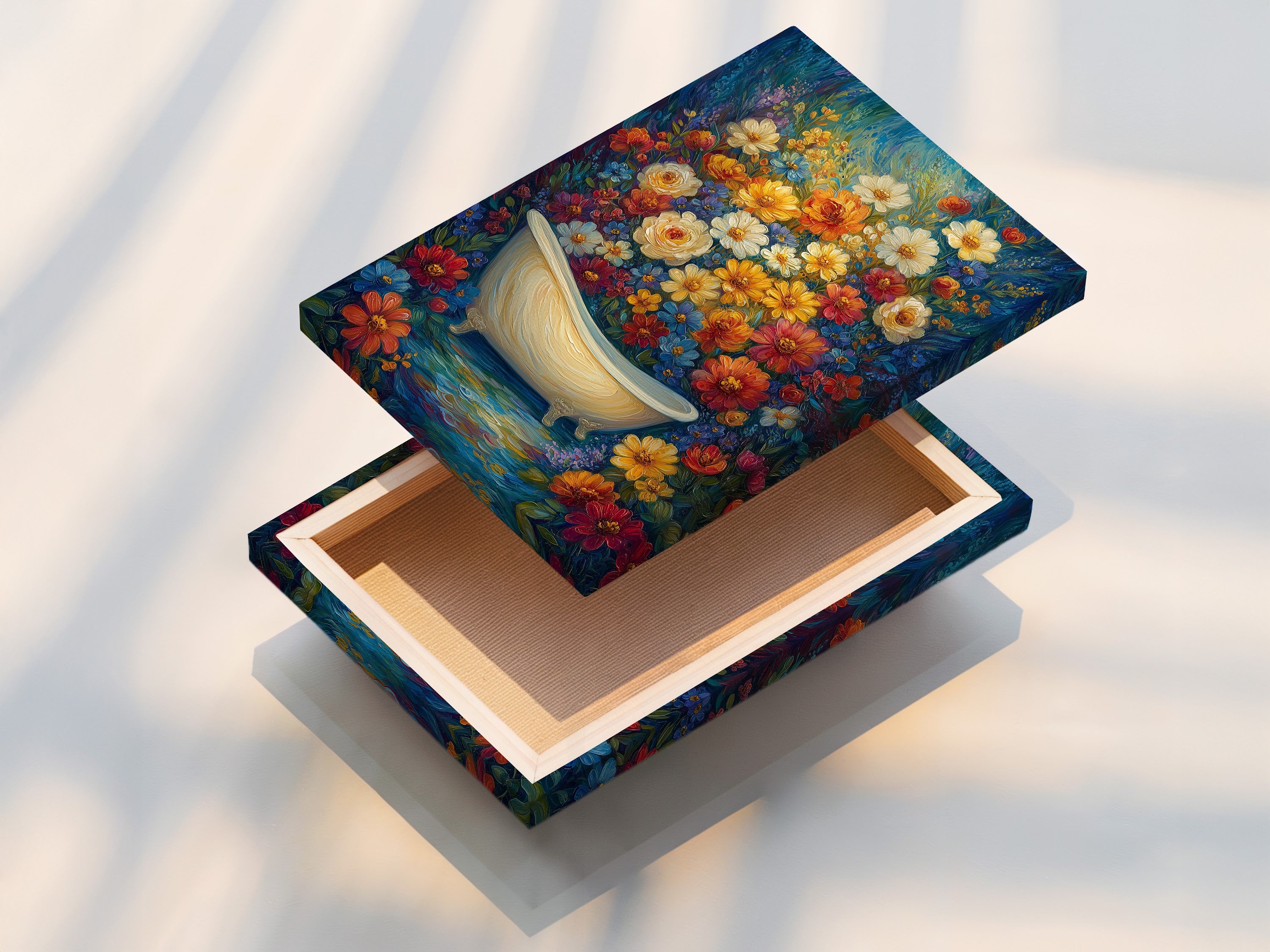 A stretched canvas print of a floral bathtub artwork is displayed. This botanical bathroom wall art features a vintage clawfoot tub. Perfect for adding a touch of elegance to your bathroom or spa. It brings a bohemian and eclectic style. The primary color is blue. The secondary color is yellow. Transform your space with this artwork.