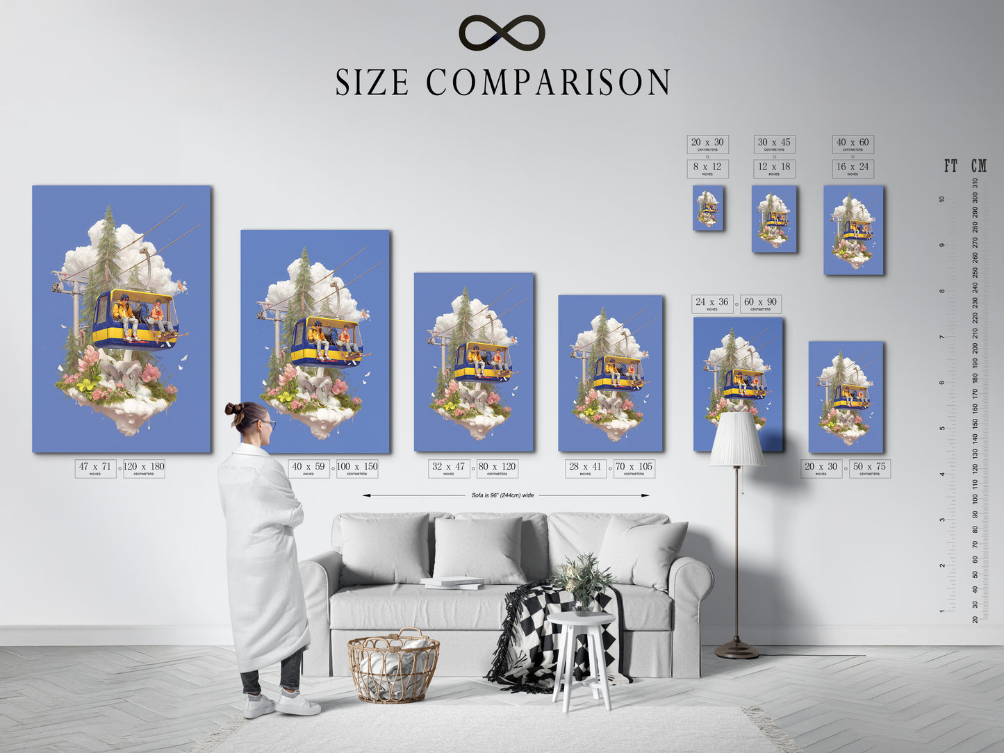 This size comparison chart in an interior setting shows how the Ski Lift Adventure artwork fits different spaces. The alpine mountain wall decor is versatile for various room sizes. This skiing print is perfect for kids rooms playrooms and ski lodges.