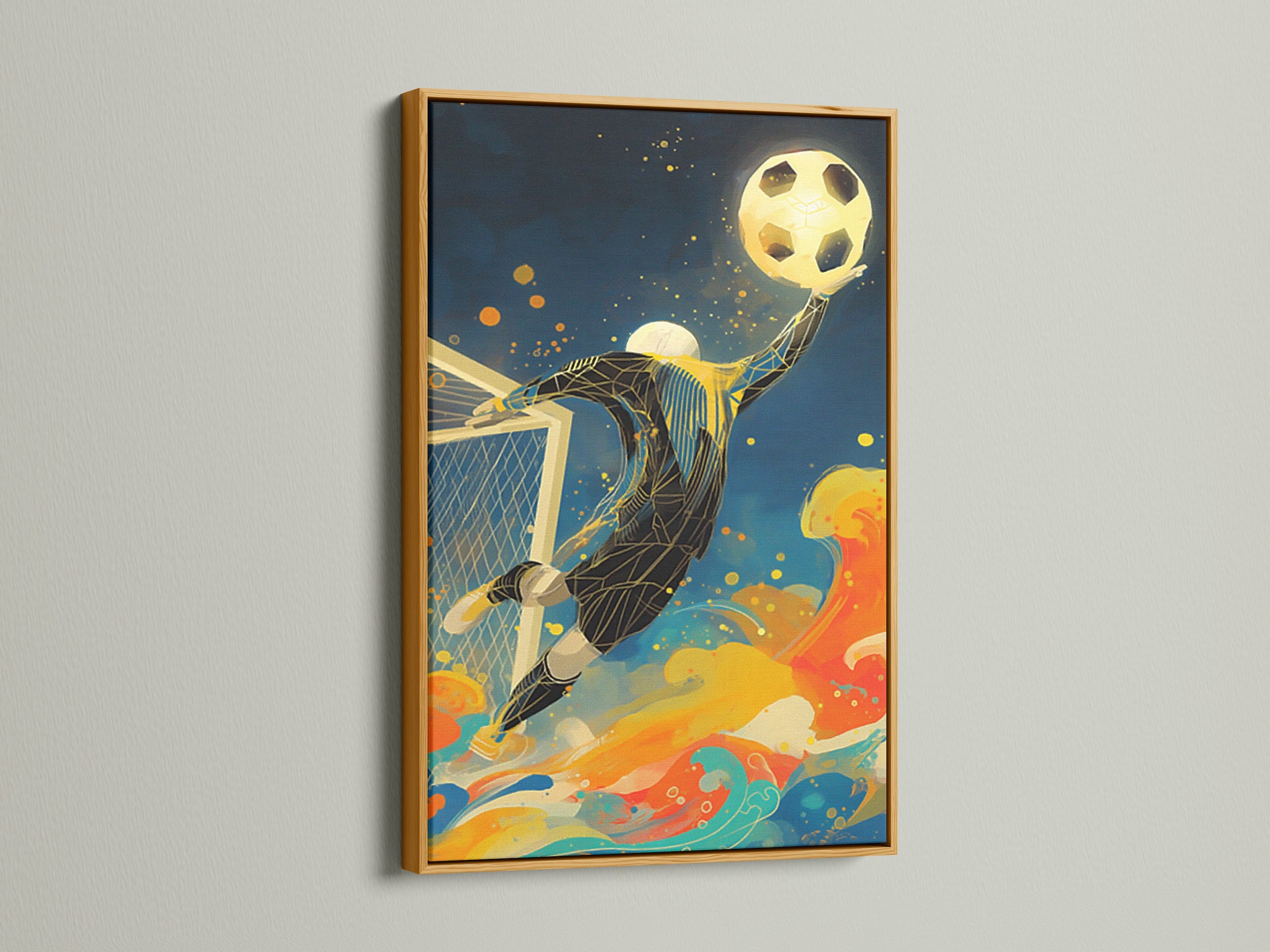 This image features a soccer goalkeeper artwork. It is elegantly framed in gold. The gold frame enhances the artwork's vibrant colors. It is ideal for adding a touch of luxury to sports-themed decor. This artwork brings sophistication and energy.