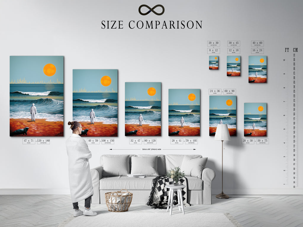 A size comparison chart displayed in an interior setting. It helps visualize the artwork's scale. See how the ocean sunset artwork fits in your space. Choose the perfect size for your beach canvas print and wall decor needs