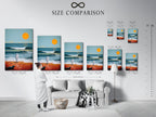 A size comparison chart displayed in an interior setting. It helps visualize the artwork's scale. See how the ocean sunset artwork fits in your space. Choose the perfect size for your beach canvas print and wall decor needs