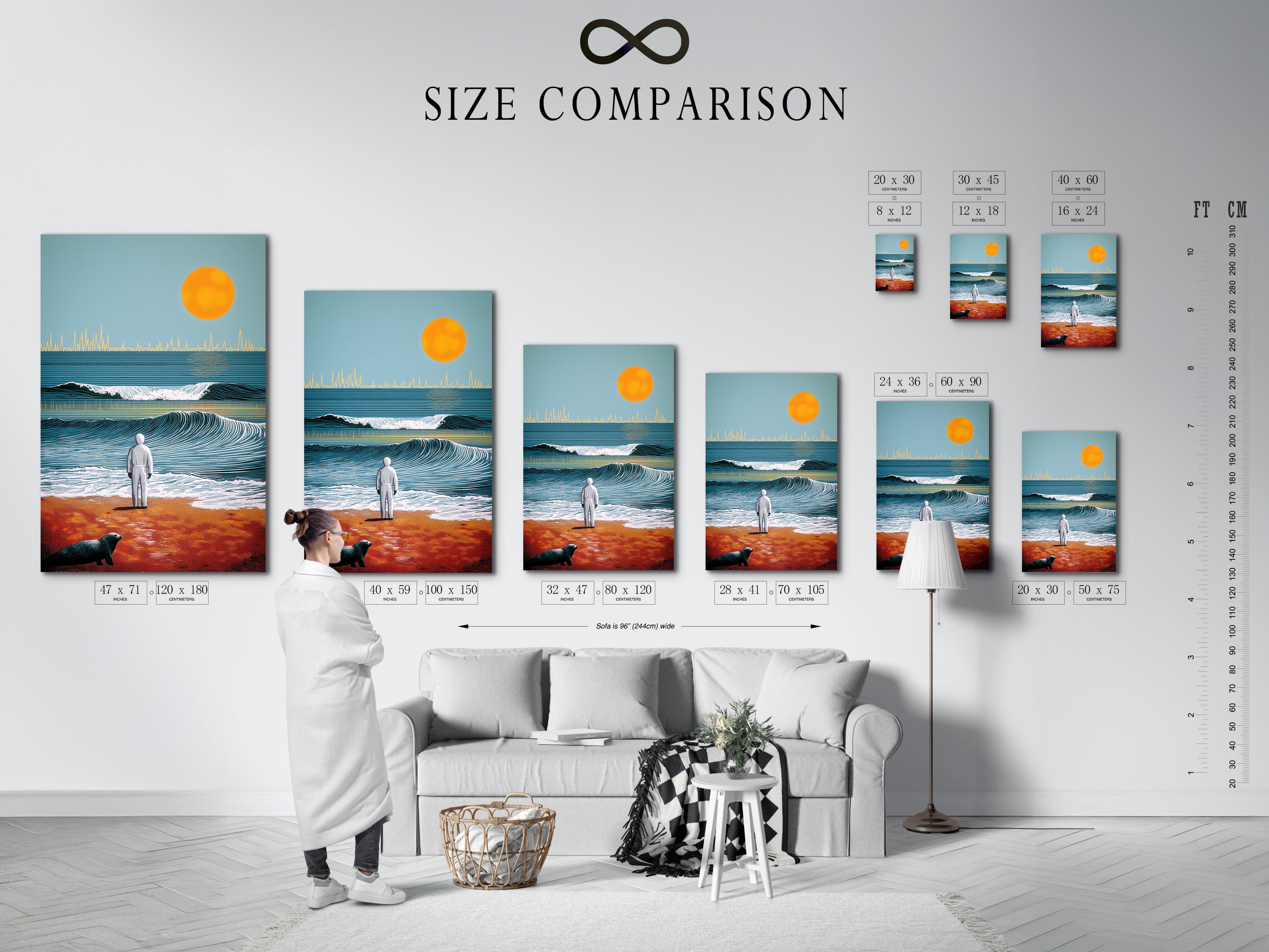 A size comparison chart displayed in an interior setting. It helps visualize the artwork's scale. See how the ocean sunset artwork fits in your space. Choose the perfect size for your beach canvas print and wall decor needs