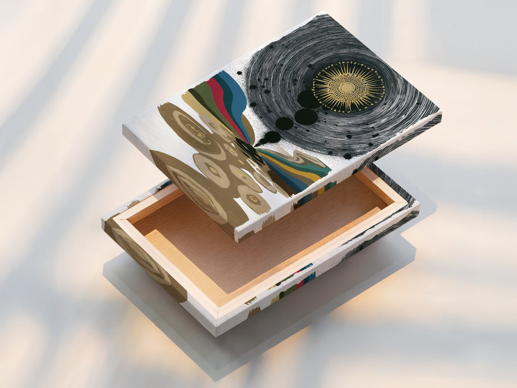 A stretched canvas print is beautifully displayed. The canvas texture enhances the visual depth of the abstract sun art. Ready to hang and easy to display this stretched canvas is perfect for minimalist decor. Ideal for your living room bedroom or office.