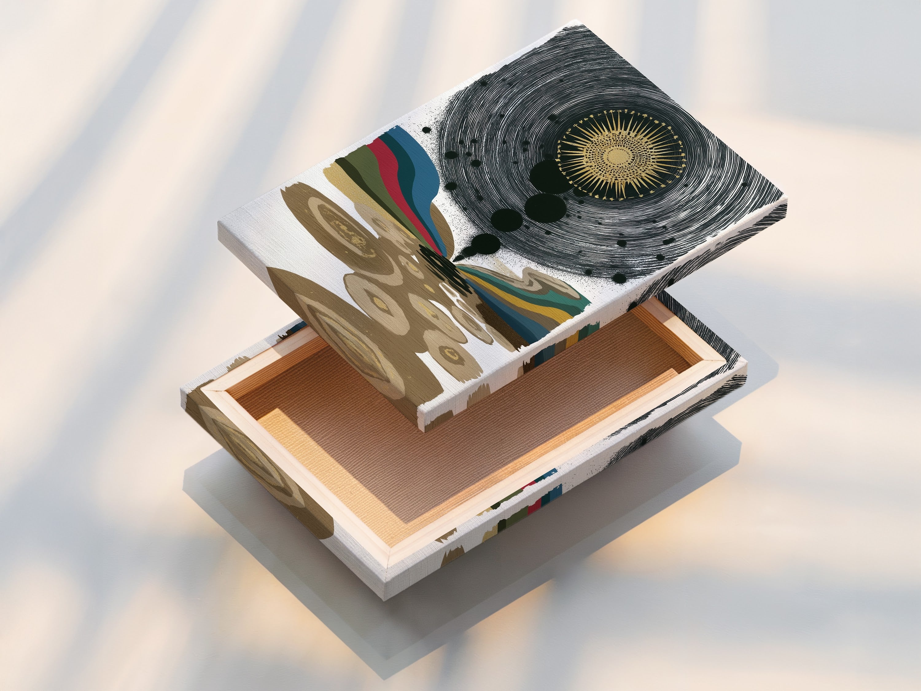 A stretched canvas print is beautifully displayed. The canvas texture enhances the visual depth of the abstract sun art. Ready to hang and easy to display this stretched canvas is perfect for minimalist decor. Ideal for your living room bedroom or office.