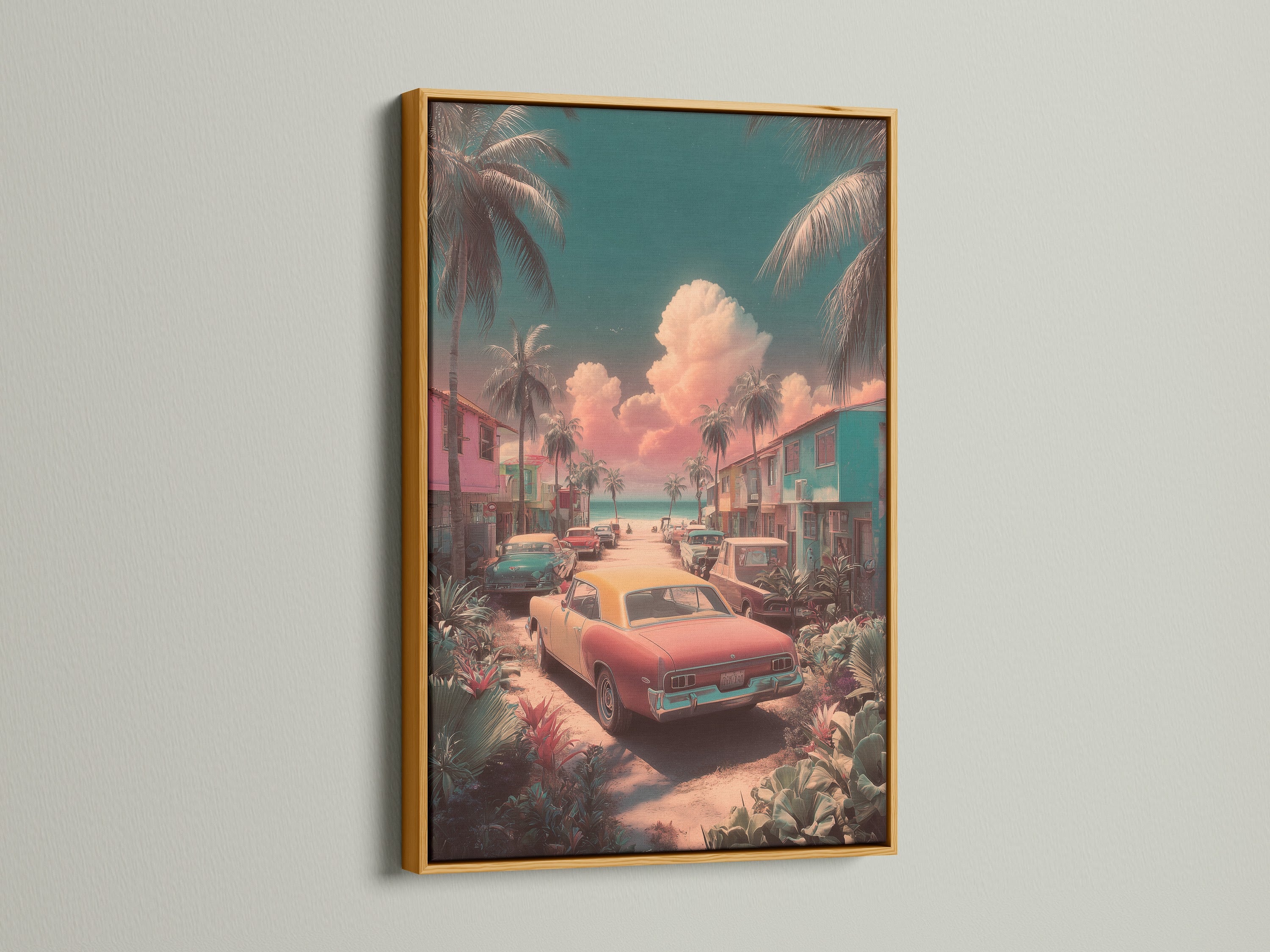 Artwork featuring a retro car scene is displayed in a gold frame. The gold frame adds a touch of luxury to the artwork. The artwork is beautifully enhanced by the gold frame's radiant finish. The artwork is perfect for adding a touch of glam to your space.