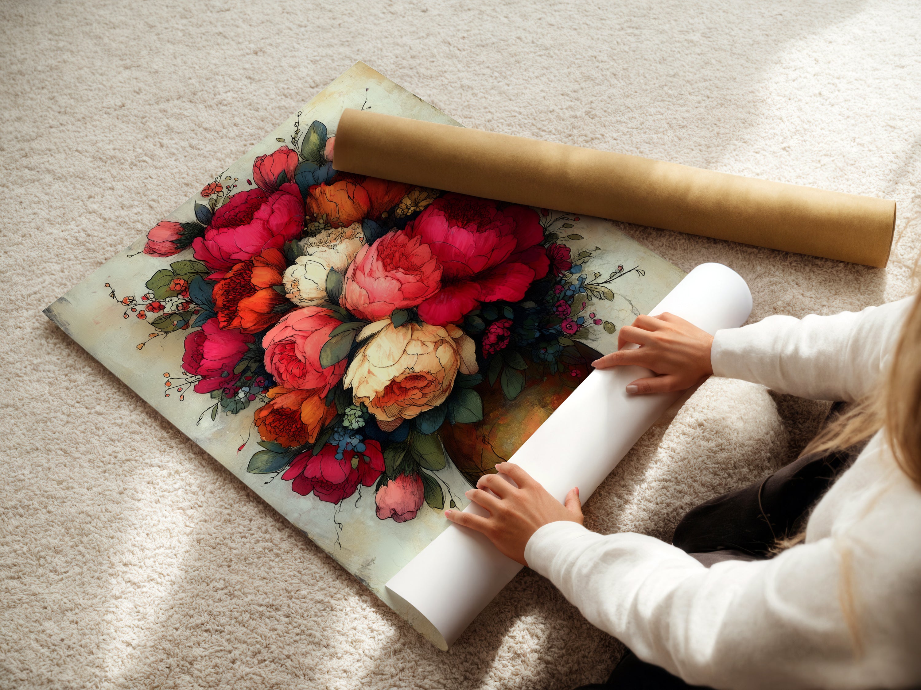 A woman is carefully rolling a fine art poster paper. Preparing a vintage botanical artwork print for display. This floral bouquet art print features red peonies. Ideal for adding a touch of elegance to any room with flower wall art.