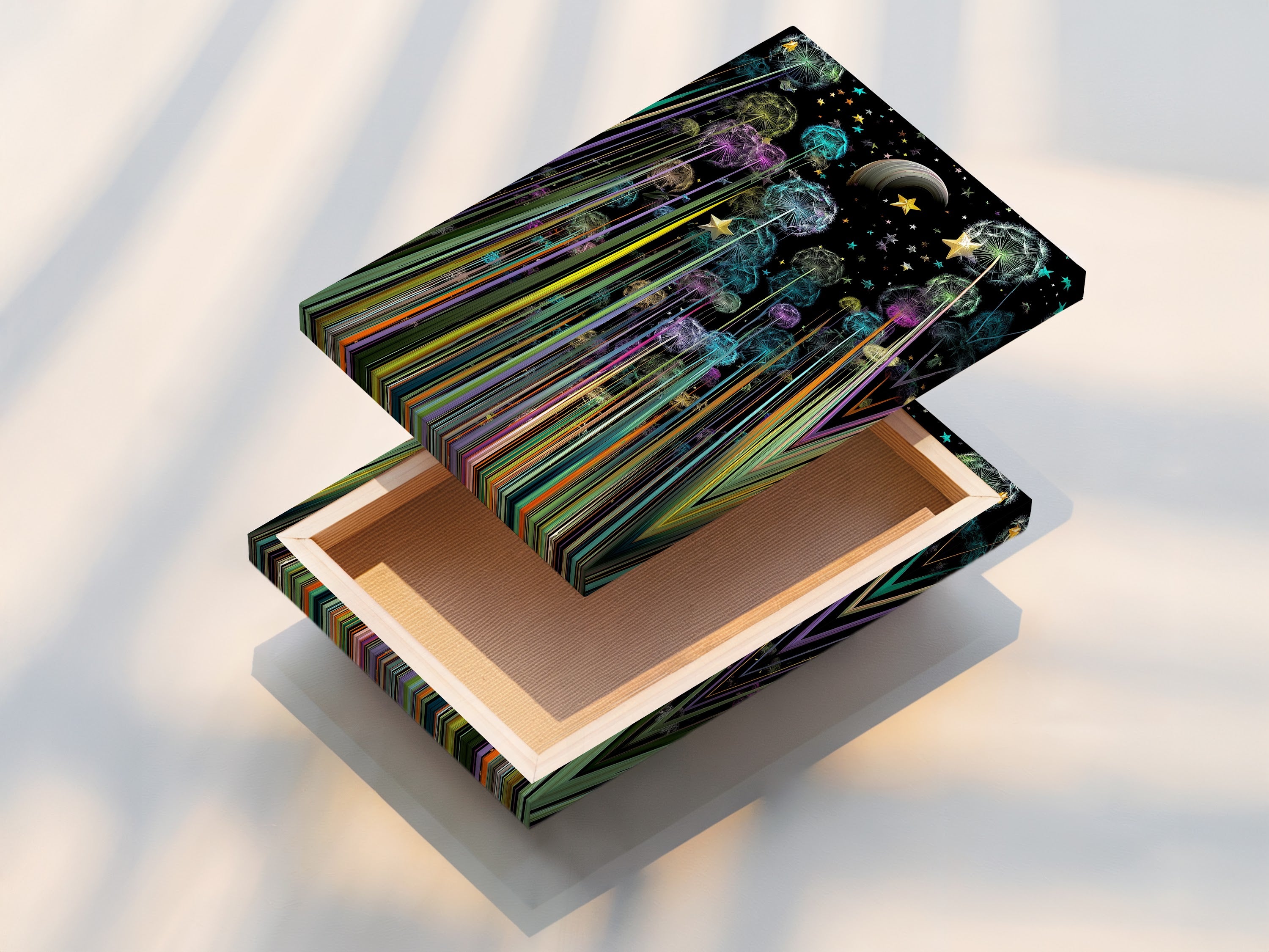 A stretched canvas print of the Dandelion Galaxy. The celestial wall art is ready to hang. This colorful artwork is perfect for bedroom decor. The stretched canvas provides a gallery-ready look. Great for art collectors.