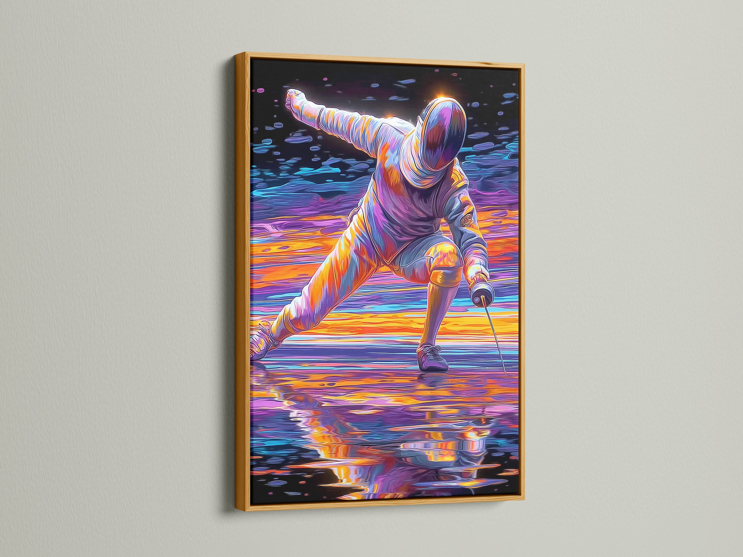 Fencing sport canvas print is displayed with a gold frame. This abstract duelist art is a vibrant addition to any space. Showcase your love for fencing with this unique piece. A great conversation starter.