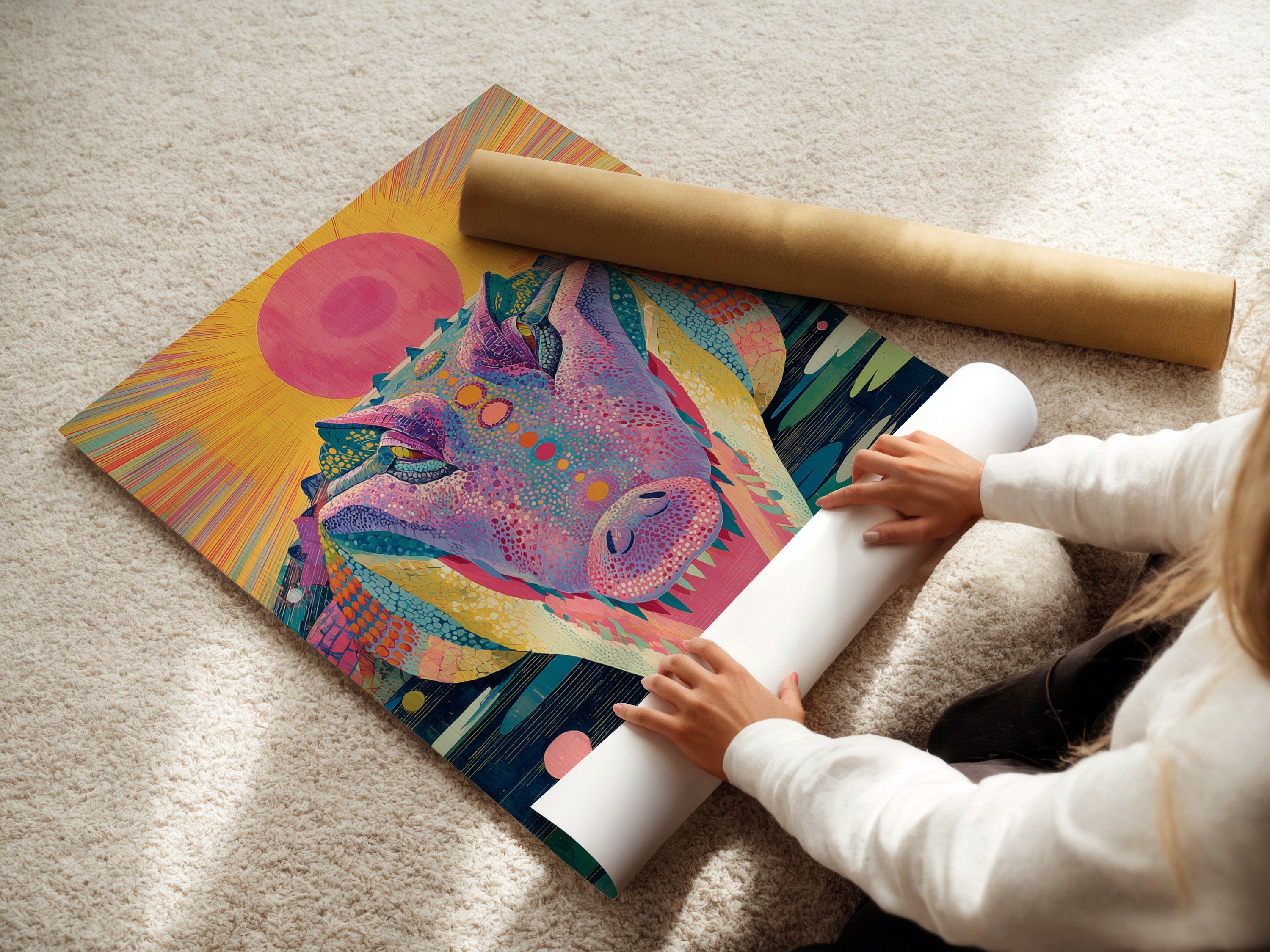 A woman is carefully rolling a fine art poster paper. The poster features a psychedelic crocodile artwork. The colorful trippy artwork is ready for framing. This ensures safe handling and preservation. Ideal for creating vibrant wall artwork. It's perfect for eclectic home decor.